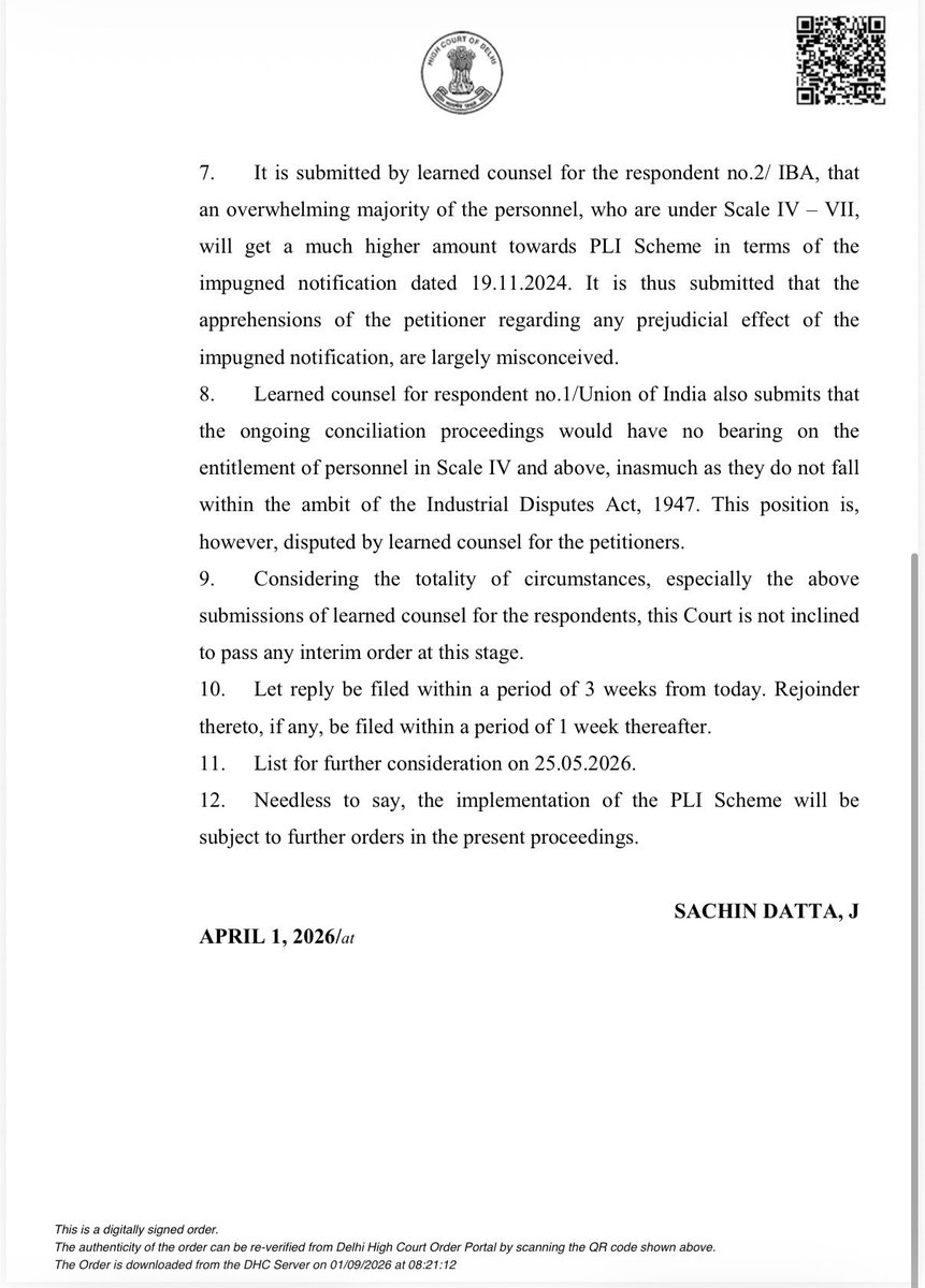 TheBankersVoice's tweet photo. PLI paid to bank executives despite Delhi High Court proceedings ?

The Delhi High Court, in W.P.(C) 4107/2026, did NOT grant an interim stay on 01.04.2026.

But the Court expressly recorded:

“The implementation of the PLI Scheme will be subject to further orders in the present proceedings.”

Now, if banks have already credited PLI under the disputed scheme to Scale IV–VII executives, a very simple question arises:

Were the payments made after obtaining the subsequent orders of the Hon’ble Court ?

If no then who authorised implementation while the matter was sub judice and expressly made subject to further orders ?
 
Whether accountability will be fixed for contempt ? 

@aiboc_in @AIBEAofficial @AIBOAOFFICIAL @BMSkendra

@TheOfficialSBI @pnbindia @bankofbaroda @canarabank @UnionBankTweets @UCOBankOfficial @IOBIndia 
@BankofIndia_IN @centralbank_in @MyIndianBank @mahabank @psbindia 

#PLI #Bankers #Banking #PublicSectorBanks #DelhiHighCourt #IBA #UFBU #Accountability #5DaysBanking