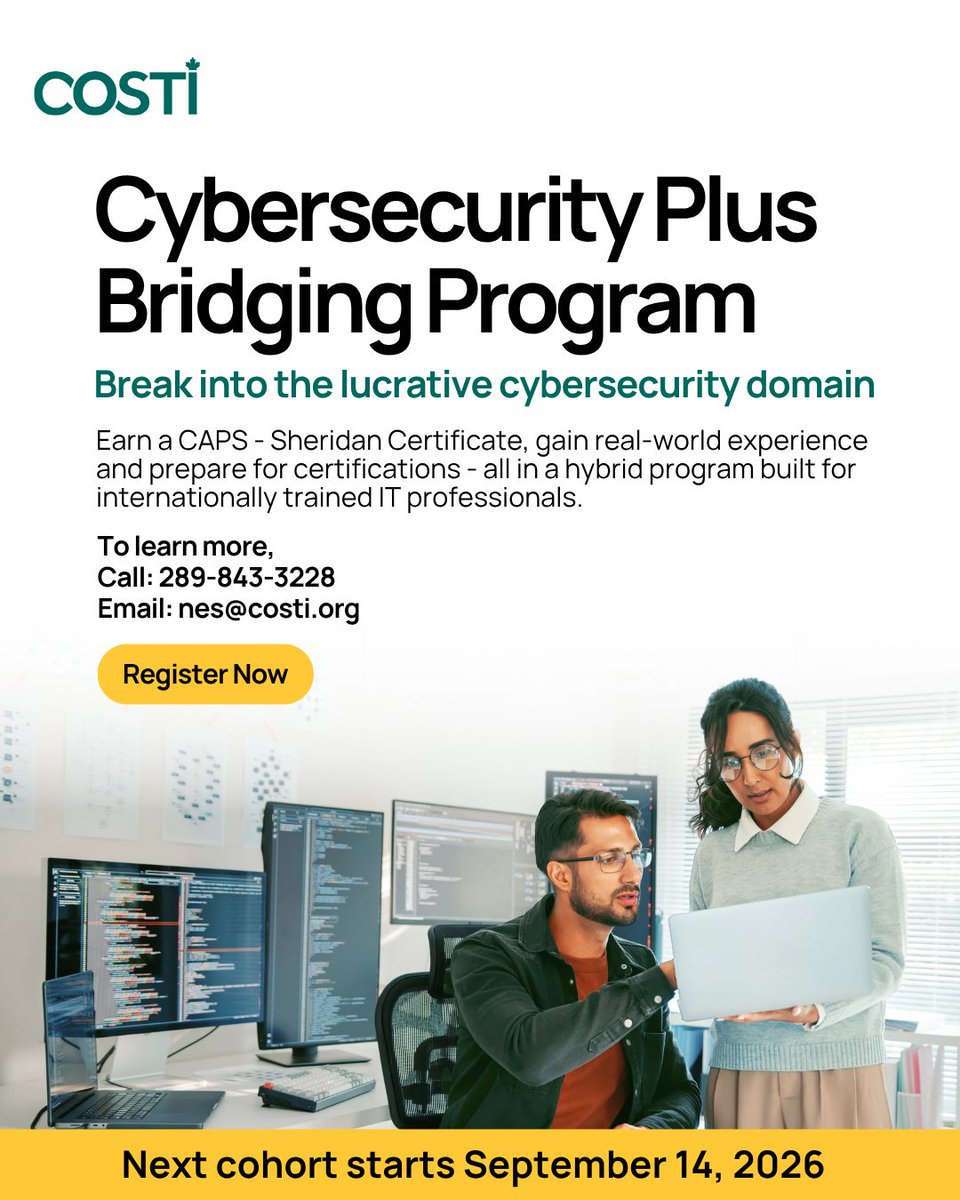 COSTI_org's tweet photo. Were you trained in IT abroad? COSTI's Cybersecurity Plus program helps internationally trained IT professionals earn a Sheridan CAPS Certificate and prepare for the CompTIA Security+ exam. Next cohort starts September 14. 

Register now: https://t.co/2tzmVnpzIq https://t.co/KjXX9ZGbgj