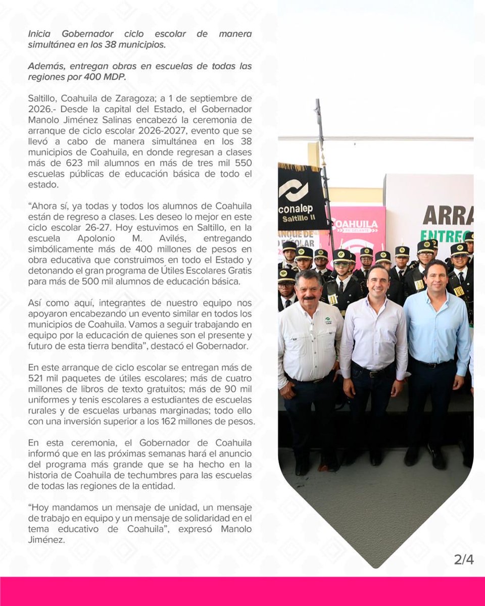 GobDeCoahuila's tweet photo. Arranca @manolojim programa de útiles escolares para 500 mil alumnos.

#CoahuilaPaDelante #APasosDeGigante
@SEducacionCoah 
@MejoraCoahuila https://t.co/0DQqN8yvvo