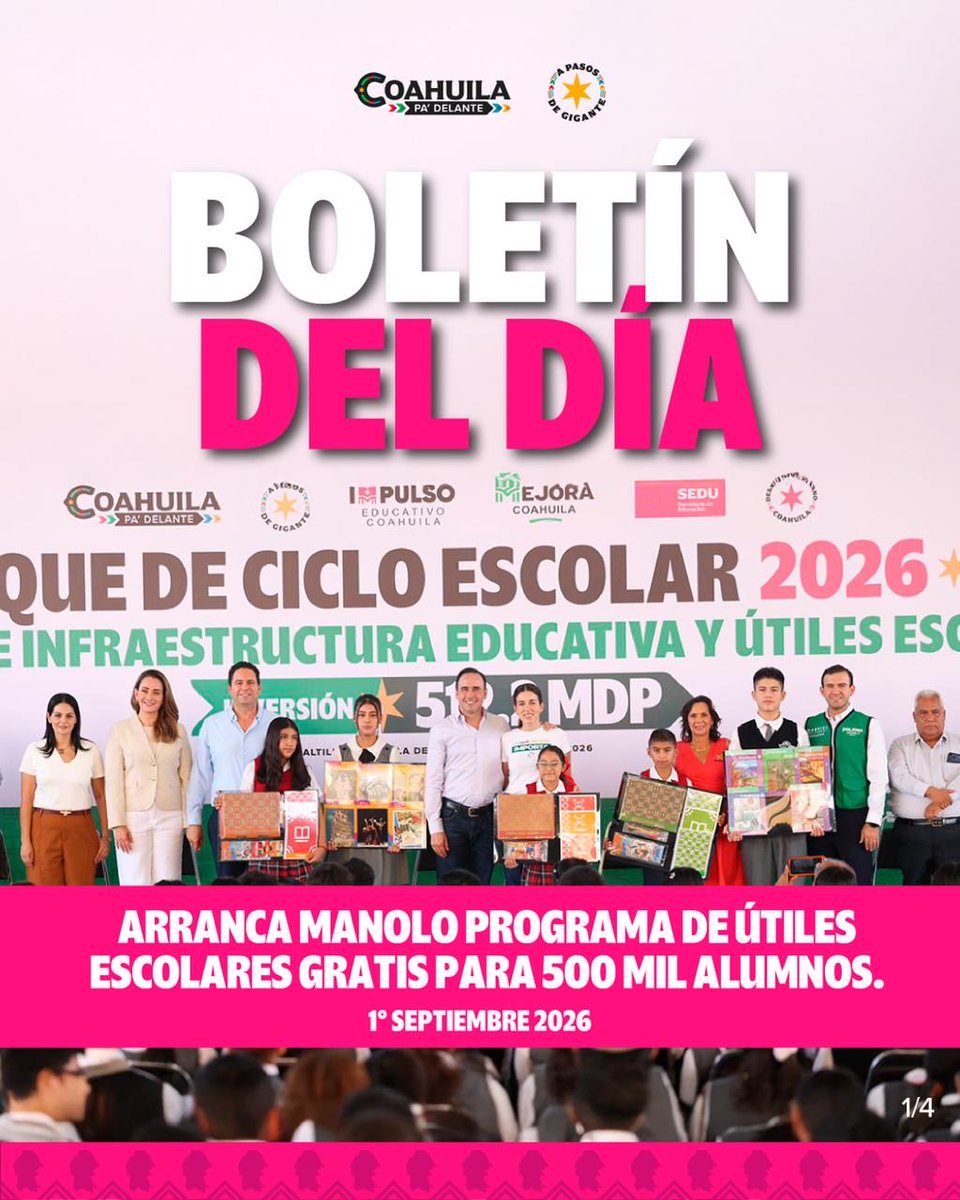 GobDeCoahuila's tweet photo. Arranca @manolojim programa de útiles escolares para 500 mil alumnos.

#CoahuilaPaDelante #APasosDeGigante
@SEducacionCoah 
@MejoraCoahuila https://t.co/0DQqN8yvvo