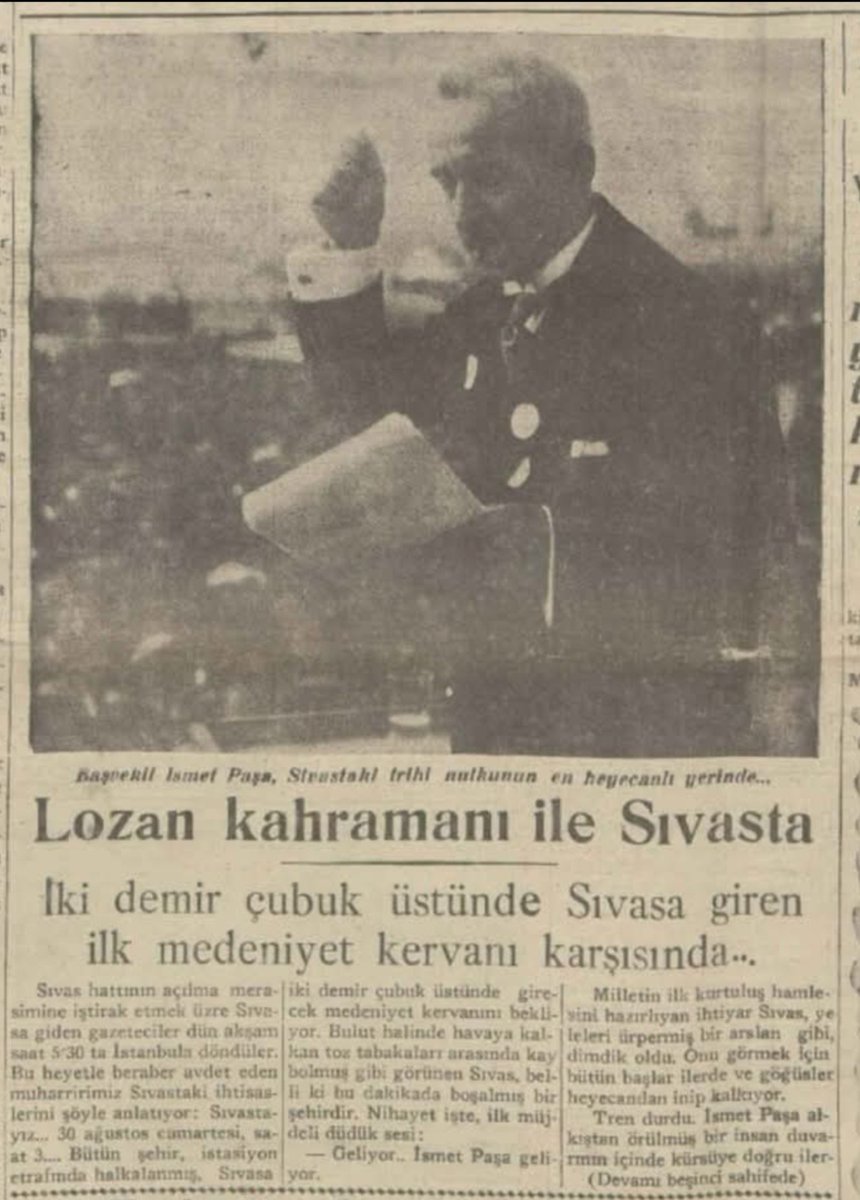 SMEYDAN's tweet photo. 1 Eylül 1930- Genç Cumhuriyet demiryolunu Sivas'a ulaştırdı. 

Atatürk'ün liderliğindeki genç Türkiye Cumhuriyeti, çok zor koşullarda, Türkiye'yi demirağlarla ördü. Bu büyük başarıda Başbakan İsmet İnönü'nün ve Ali Cetinkaya'nın rolü büyüktür.  

Cumhurbaşkanı Atatürk, 1 Eylül 1930'da, demiryolunun Sivas'a ulaşması nedeniyle Başbakan İsmet (İnönü)'ye şu telgrafı gönderdi: 

"Başvekil İsmet Paşa Hazretlerine , 

Büyük zafer büyük milletimizin sönmez hürriyet ve istiklâl aşkından ve başında zatı devletleri bulunmuş olan kahraman ordumuzun kendine has fedakârlıklarından doğmuştu. Şimendifer şebekemizin Sivas’a varması münasebetile bu sahada da elde edilen parlak muvaffakiyet milletin yüksek idrak ve kabiliyetinin ve reisi bulunduğunuz hükümetin şayanı takdir mesaisinin eseridir. Hakkımda izhar buyurduğunuz muhabbetkâr hislere teşekkür ve zatı devletleri ile mesai arkadaşlarınızı tebrik eylerim. 

Reisicumhur Gazi Mustafa Kemal"