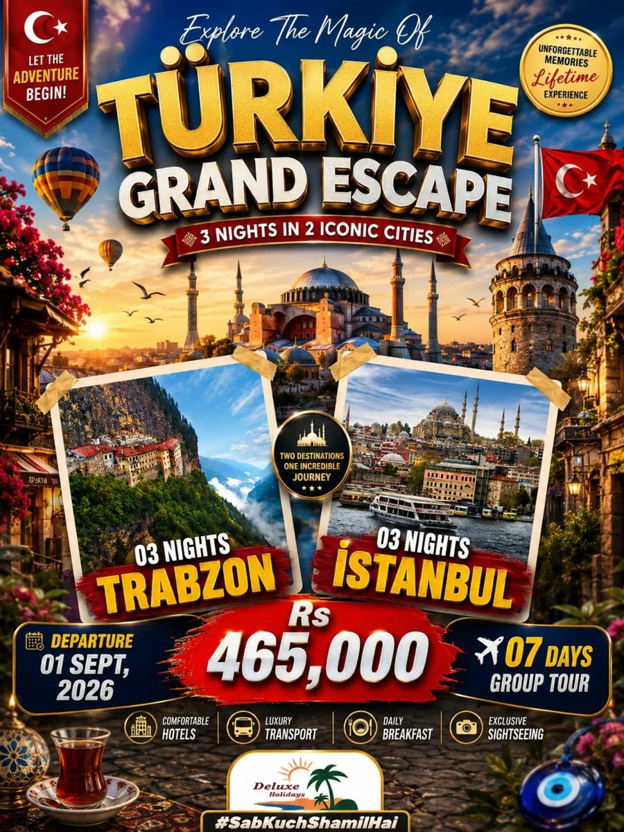 JVwerk's tweet photo. Türkiye Grand Escape: 7-day premium group tour to Trabzon, Uzungöl and Istanbul. Departing 01 Sep 2026. From PKR 465, 000 with flights, 4-star hotels, meals, tours, transfers and visa assistance included. https://t.co/FcXkLT2yAk