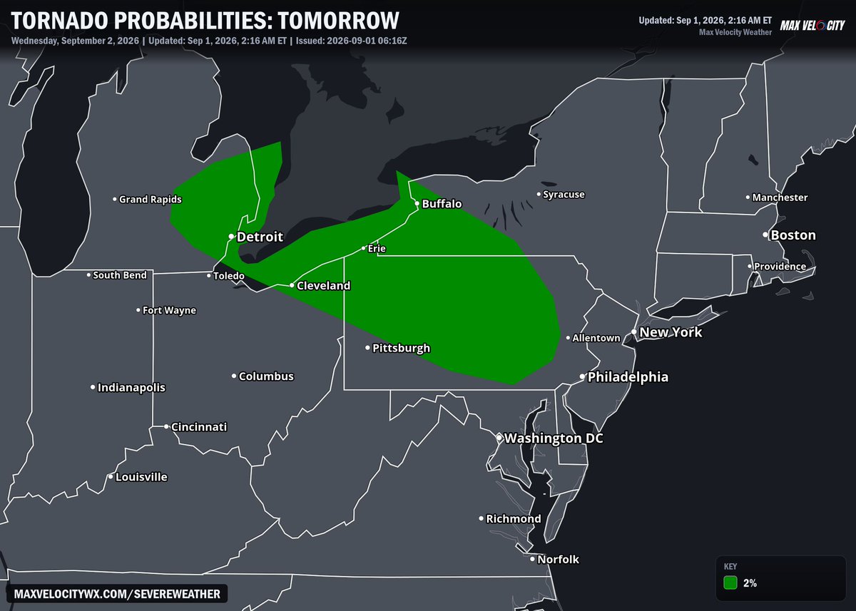 MaxVelocityWX's tweet photo. The best chance for a potential tornado tomorrow will include the cities of Detroit, MI and Cleveland, OH! https://t.co/2UvowjpYWO