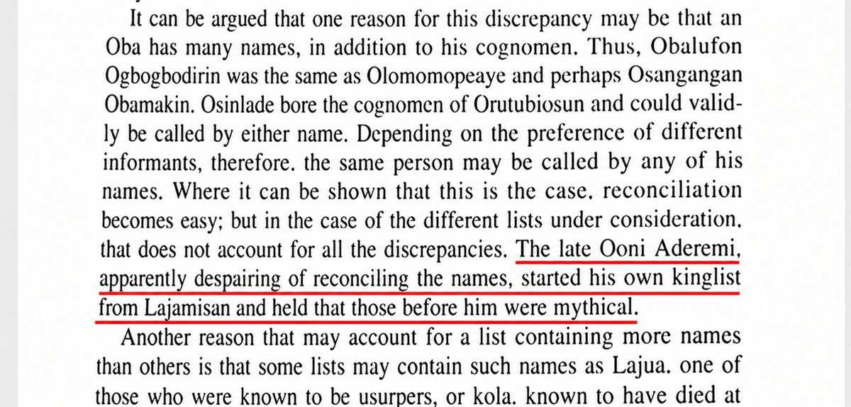 ojogbonyemi's tweet photo. The late Ooni Aderemi, apparently despairing of reconciling the names, started his own kinglist from Lajamisan and held that those before him were mythical.

Oni Aderemi sef weak of Ile-Ife historical. All myth. https://t.co/Hm8o9BT9kN