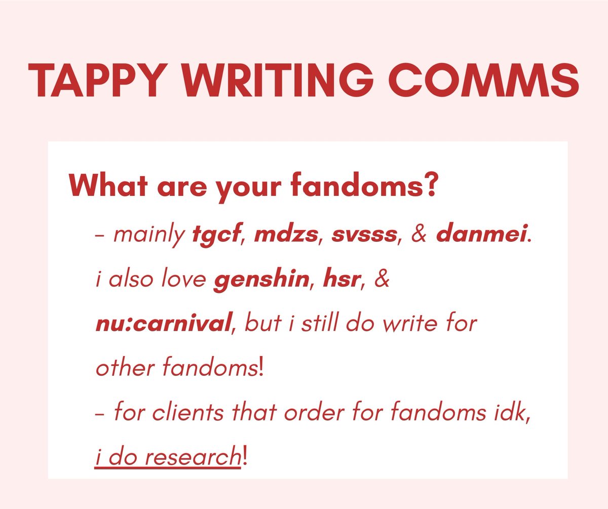 tappithais's tweet photo. —𑣲. tappy's writing commissions
greetings! i'm a writer who loves to make stories ♡
- i write fanfiction and original stories
- starts at 1k words up to 20k words
- more info on carrd: https://t.co/INogju7j9h
likes/reposts/shares are appreciated 🩷
#writingcomms #commissions https://t.co/RNihzi41bp