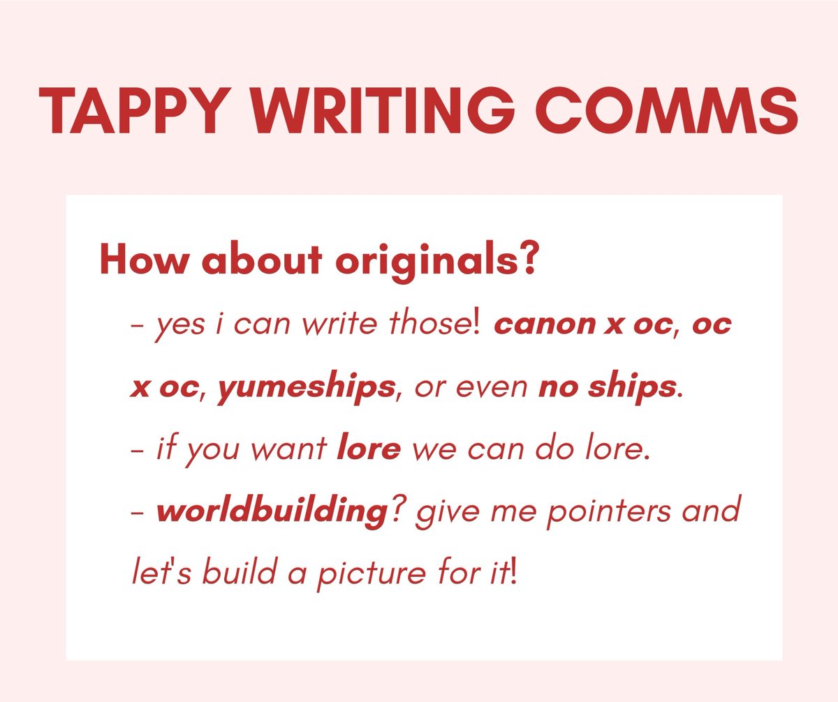 tappithais's tweet photo. —𑣲. tappy's writing commissions
greetings! i'm a writer who loves to make stories ♡
- i write fanfiction and original stories
- starts at 1k words up to 20k words
- more info on carrd: https://t.co/INogju7j9h
likes/reposts/shares are appreciated 🩷
#writingcomms #commissions https://t.co/RNihzi41bp