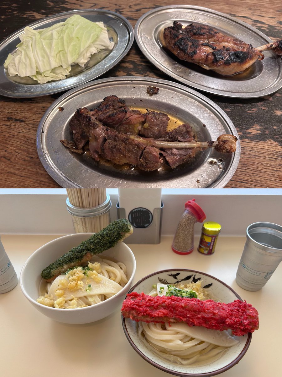 namix1106's tweet photo. 丸亀では香川名物をハシゴ。一鶴の骨付鳥は胡椒が効いた味濃いめがビールを誘う…去年オープンのUDON ROOKIEはコシ強めの極太、小麦みたっぷりで超好み！ちくわ天のエメラルド(あおさ)とルビー(紅生姜)の潔さも◎ https://t.co/wpHAx36sT2