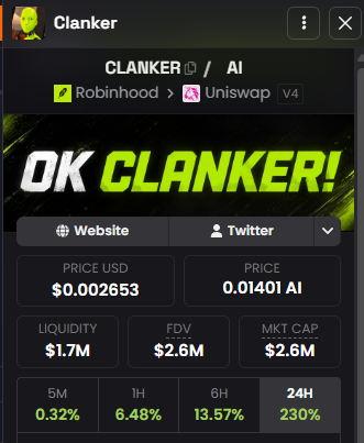 sirjughead_'s tweet photo. Original solana:3qq54YqAKG3TcrwNHXFSpMCWoL8gmMuPceJ4FG9npump being vamped by OK Clanker on Robinhood. Send this trash to zero. https://t.co/cWwFxttcir