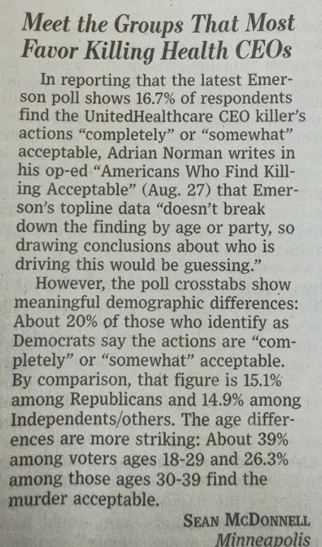 stephen_richer's tweet photo. Wall Street Journal LTE.

Who is OK with killing a healthcare CEO as a form of political protest?

More than R/D divide...

It's the youngsters 

(I can say "them" having now exited the 30s) https://t.co/hvJk3rPhY0