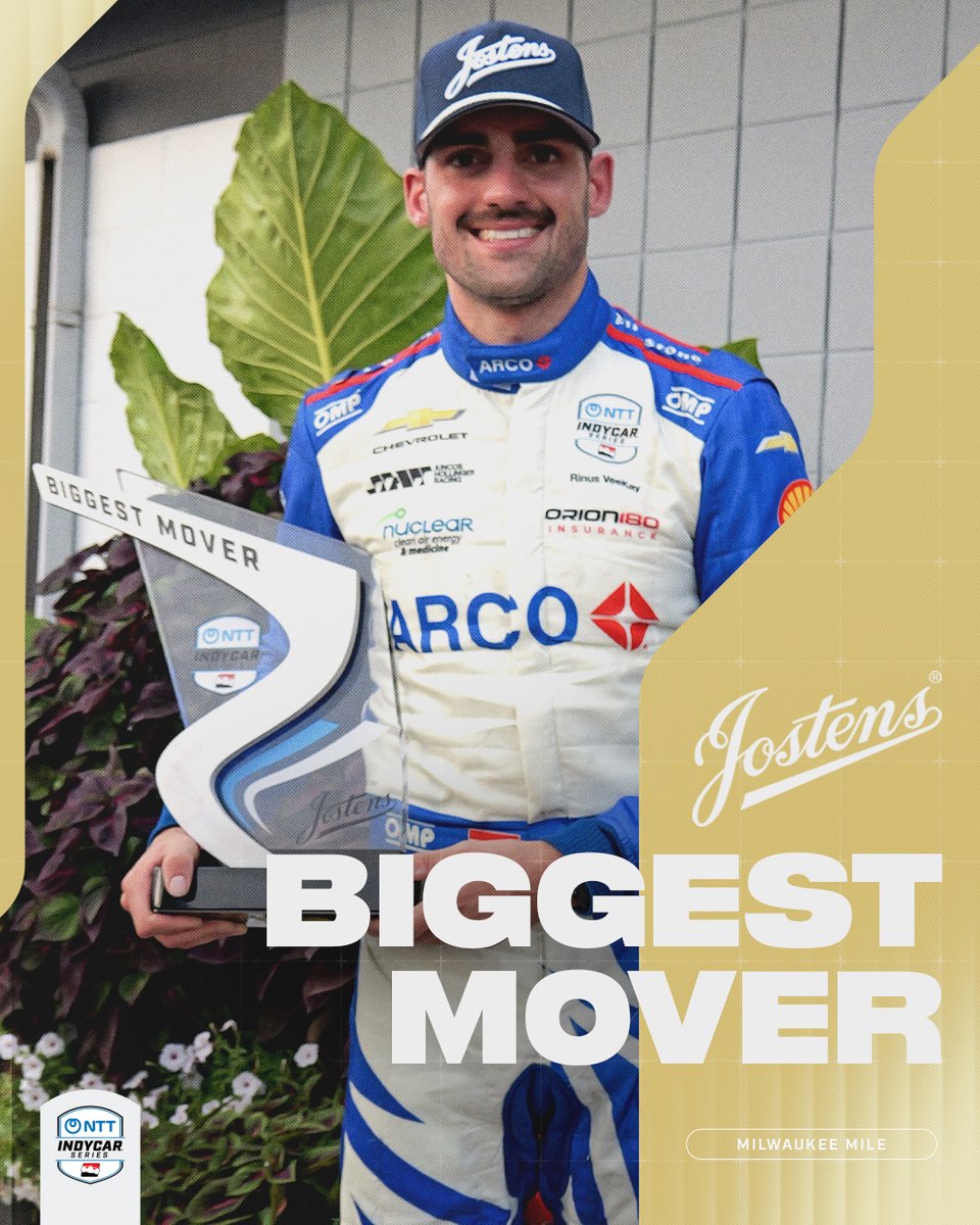 IndyCar's tweet photo. Podium drive ⚡️

@rinusveekay drove from 24th to third in Milwaukee Race 1 and took home the @Jostens Biggest Mover Award. https://t.co/SYwIflw5Y6