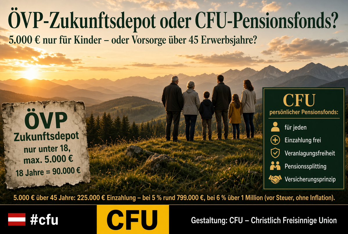 kollerado's tweet photo. Das ÖVP-Zukunftsdepot deckelt die Vorsorge auf 5.000 € im Jahr und nur für Kinder unter 18.
18 Jahre sind 90.000 € Einzahlung.
Dieselbe Rate über 45 Erwerbsjahre sind 225.000 €
– bei 5 % rund 799.000 €, bei 6 % über eine Million, vor Steuer und ohne Inflation.
Die #CFU will keinen Kinder-Deckel, sondern einen persönlichen Pensionsfonds für jeden:
Einzahlung frei wählbar,
Veranlagungsfreiheit,
Auszahlung nach Pensionsantritt gestaltbar.
Dazu automatisches Pensionssplitting für Betreuungsjahre und das Versicherungsprinzip in der ersten Säule.
Programmpunkt Soziales / private Vorsorge: https://t.co/YtKXO1laDg
Familie / Splitting: https://t.co/9yG3ekkIDW
#cfu #mehrmut