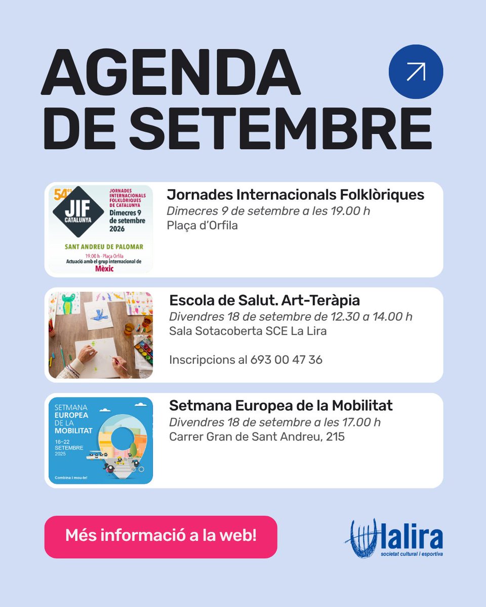 SCELaLira's tweet photo. Les portes de La Lira tornen a obrir-se després de les vacances d’estiu! ☀️

📅Comencem el nou curs amb moltes ganes i una programació ben variada, amb propostes i activitats per a tots els gustos.😉

🔗Més informació a la web https://t.co/VEtBFCtLl0 https://t.co/aRGhti2vYG