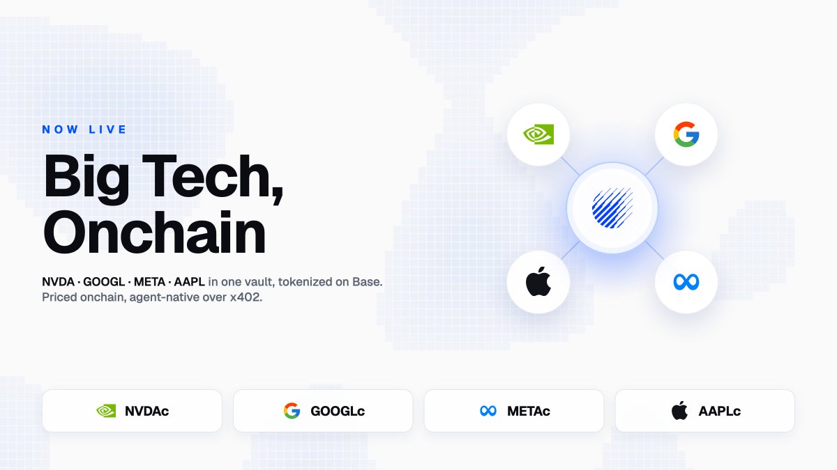 LiquidAgentAI's tweet photo. Give your agents equity exposure, onchain.

They mint their own vault of Coinbase's tokenized NVDA, GOOGL, META, AAPL on @base. Band-rebalanced, exit any block. They can even publish a shareable page for it, all over x402.

Live → https://t.co/o0J0e6NLHw https://t.co/LIDVKeXOpk