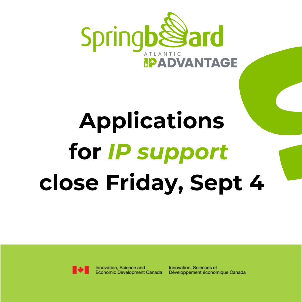 SBAtlantic's tweet photo. Planning to apply to Springboard for Atlantic IP Advantage funding? The application deadline for the next intake is Friday, Sept 4. Program information can be found here: https://t.co/XtfkBSnWTa https://t.co/iQJSC0ak0M