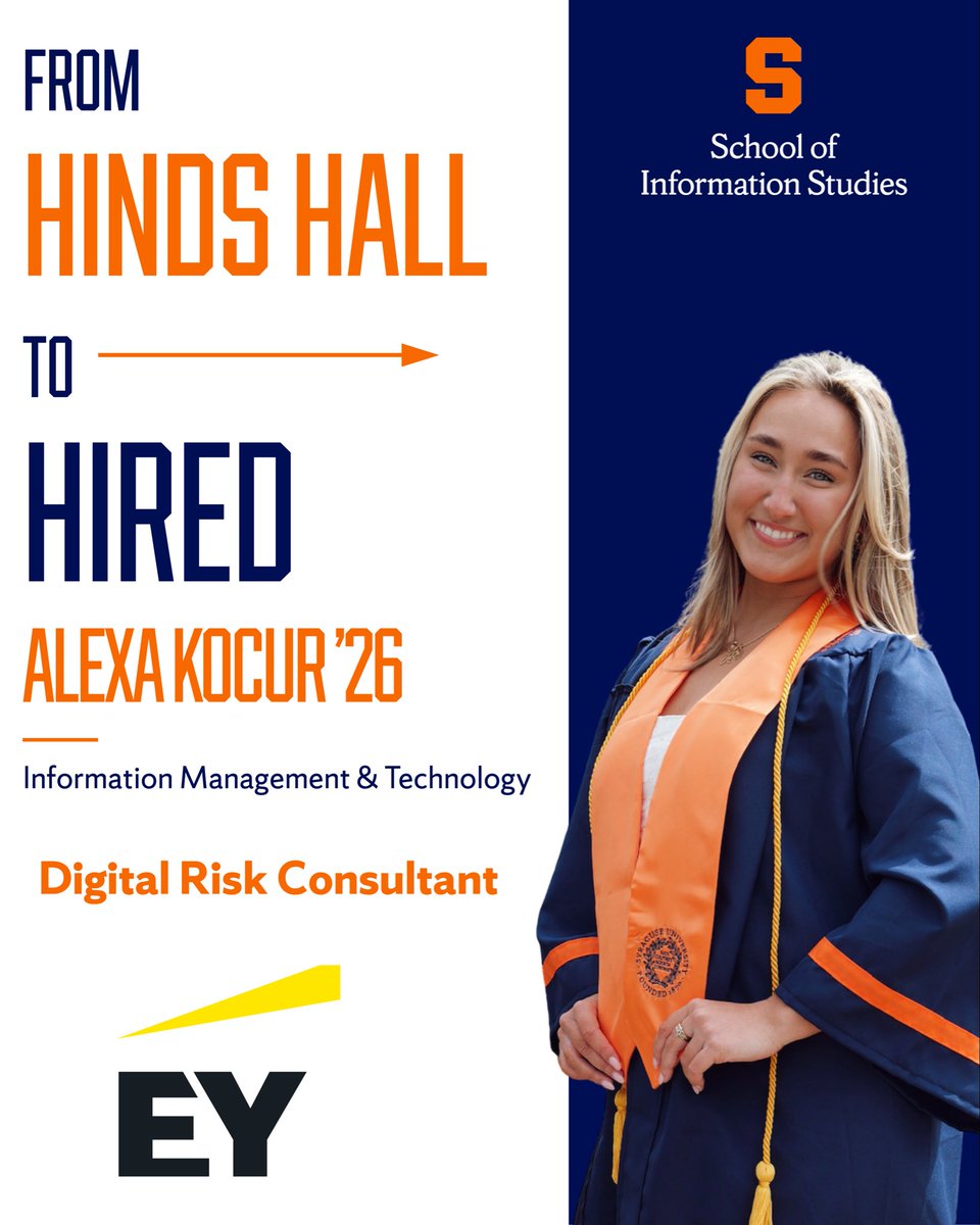 iSchoolSU's tweet photo. We’re celebrating the next chapter for iSchool graduates and the careers they’re launching after Syracuse.

Next up, Alexa Kocur, an Information Management &amp; Technology major who turned her internship with EY into a full-time role as a Digital Risk Consultant! https://t.co/IQ27JCaFau