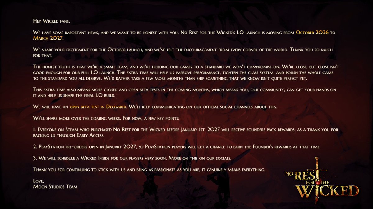 wickedgame's tweet photo. Hey everyone, we've been quiet for some time now but we have some important news about the 1.0 launch of No Rest for the Wicked! 

Check out this video from Thomas to know more - https://t.co/fMLMq8dxLC

Thanks for your love and patience❤️ https://t.co/WC2QBmGJ2A