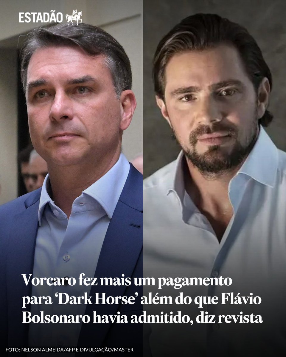 Estadao's tweet photo. Flávio Bolsonaro disse que último repasse de Daniel Vorcaro ao filme 'Dark Horse' ocorreu em maio de 2025, mas revista 'piauí' obteve relatório que indica mais um pagamento à produção no segundo semestre daquele ano https://t.co/rIcezMYgH0

'Eu não tenho como saber, tem que perguntar para a produtora', reagiu o candidato do PL após a publicação; banqueiro e produtora foram procurados, mas não responderam