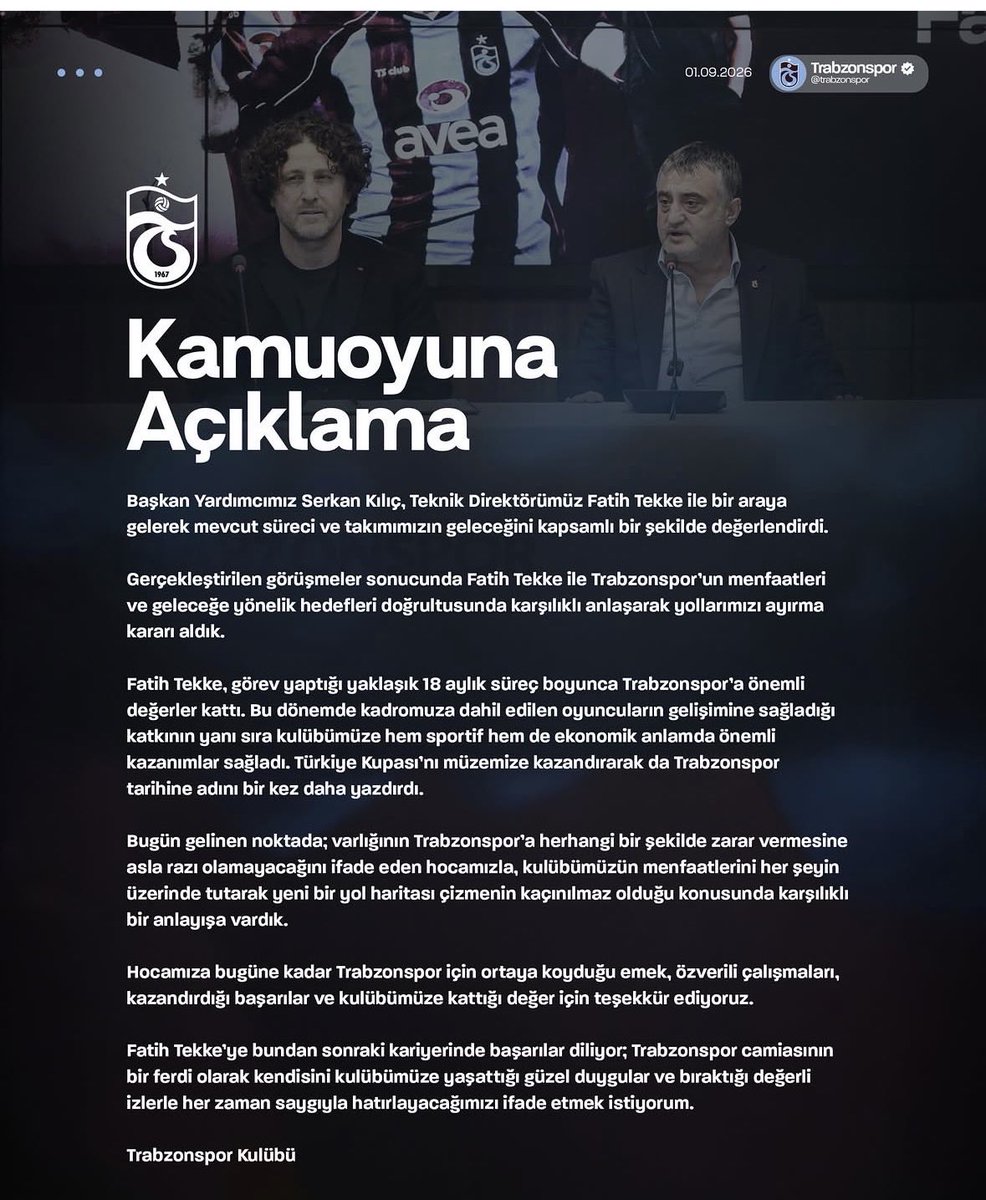 nahidzade's tweet photo. Trabzonsporda Fatih Tekke dönemi sona erdi #trabzonspor #fatihtekke https://t.co/74jLl5Su7H