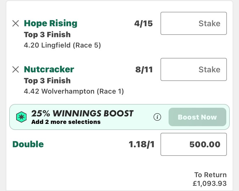 MAXBETHUNTER's tweet photo. 💥HORSE PLACE DOUBLE MAX BET 🐎 

ODDS 1.18/1 📊 

£500 RETURNS £1,093.33 💴 https://t.co/ixFJsNPLdK