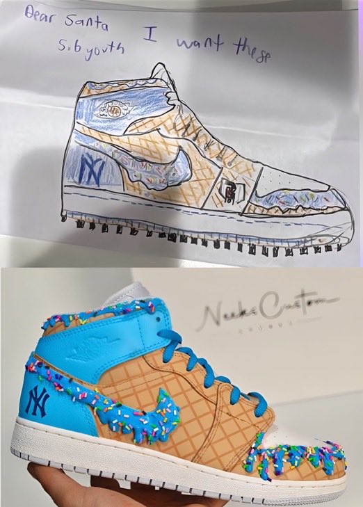 wholesome_X_'s tweet photo. His parents took his shoe drawing and turned it into a Christmas present. 🥹❤️ https://t.co/lO8uy2kQy6
