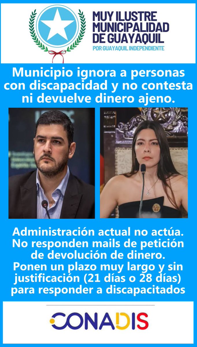 INFORMES_EC's tweet photo. Guayaquil, 01/SEPTIEMBRE/2026
CARTA PARA EL MUNICIPIO DE GUAYAQUIL
DIRECCIÓN FINANCIERA / DIRECCIÓN DE RENTAS MUNICIPALES
SECRETARÍA DE RESOLUCIONES
Asunto: Requerimiento de aplicación del beneficio legal por discapacidad en el impuesto predial de los años 2019 a 2023; devolución de lo pagado en exceso; y protesta por silencio e inacción institucional.
Referencia: Predio urbano de mi propiedad, descuento ya reconocido para los períodos 2024-2026.
De mi consideración: Yo, USUARIO, portador/a de la cédula de ciudadanía #XXXXXXXX08, persona con discapacidad debidamente calificada, comparezco ante ustedes en ejercicio del derecho de petición y de la atención prioritaria que la Constitución reconoce a este grupo, para formular el siguiente reclamo formal.
I. HECHOS
Entre los años 2019 y 2023 pagué el impuesto predial de mi vivienda sin que se aplicara el descuento legal por discapacidad. No lo conocía en su momento. Pagué un valor mayor al que me correspondía..
Antes de pagar los prediales de 2024, 2025 y 2026, pedí que se considerara mi condición de discapacidad. El Municipio aceptó el beneficio. Eso prueba un hecho simple: el derecho existía. Si existía para 2024-2026, existe también para los años anteriores.
Ese trámite de 2024 a 2026 no se resolvió a tiempo. El plazo para responderme no debía superar los 21 días que me mencionó el secretario encargado. Vencido ese término, no hubo respuesta. Tuve que insistir una y otra vez para que una institución pública cumpliera lo que la ley ya le ordenaba. No pedí un favor. Pedí que se aplique una norma.
Una vez reconocido el descuento hacia adelante, envié correo electrónico exigiendo el mismo tratamiento para los años 2019 a 2023 y la devolución de lo pagado en exceso.
Hasta hoy, no responden. Y les he escrito varias veces, a los siguientes mails que se ve que no están para atender cuando se trate de asumir responsabilidades con el pueblo. ESO INDICA QUE NO EXISTE EL SERVICIO SINO QUE SE UTILIZA EL ESTADO MUNICIPAL PARA CONSEGUIR PLATA DEL PUEBLO CON EL PRETEXTO DE AUTORIDAD ENCARGADA.
Ese silencio no es un “retraso de trámite”. Es la forma más cómoda de ignorar a una persona con discapacidad Y DE COLECCIONAR BILLETES DEL PUEBLO.
II. DERECHOS QUE SE INCUMPLEN
El Municipio no está PARA CUMPLIR LA CODICIA DE GENTE CODICIOSA. Está ante normas de cumplimiento obligatorio:
Constitución de la República, art. 11 num. 2: nadie puede ser discriminado por discapacidad. El Estado debe adoptar acciones afirmativas.
Constitución, art. 35: las personas con discapacidad reciben atención prioritaria y especializada en el ámbito público.
Constitución, arts. 47 y 48: se reconocen exenciones en el régimen tributario y medidas de inclusión. No son promesas. Son derechos.
Constitución, art. 66 num. 23 y Código Orgánico Administrativo, art. 32: derecho a presentar peticiones y a recibir respuesta motivada y oportuna.
Constitución, art. 227: la administración pública se rige por eficacia, eficiencia, calidad y transparencia. El silencio reiterado las contradice.
Ley Orgánica de Discapacidades, art. 75: las personas con discapacidad —o quien las tenga legalmente a su cargo— tienen exención del 50% del impuesto predial sobre un inmueble, con el tope de avalúo que la propia ley fija.
Código Tributario, arts. 122 y 123: hay pago indebido cuando se cobra un tributo del que existe exención legal, y pago en exceso cuando se cobra más de lo debido. En ambos casos procede la devolución.
Código Orgánico Administrativo, art. 207: los reclamos y solicitudes deben resolverse en el término de treinta días. Si no se notifica decisión, el silencio no puede usarse como estrategia para cansar al ciudadano.
Reconocer el beneficio para 2024-2026 y negarse siquiera a contestar sobre 2019-2023 es una contradicción institucional: el mismo derecho, la misma persona, el mismo predio, la misma discapacidad. El problema es la alcaldesa y su quemeimportismo que no corrige nada a sus panas.
III. PETICIÓN CONCRETA
Solicito, de manera expresa y urgente:
Que se revise y aplique el descuento por discapacidad al impuesto predial de los años 2019, 2020, 2021, 2022 y 2023, en los mismos términos en que ya fue aceptado para 2024-2026.
Que se devuelvan los valores pagados en exceso o indebidamente, con los intereses que correspondan conforme al Código Tributario, o que se compensen con obligaciones municipales futuras, según elija el contribuyente.
Que se emita resolución motivada —no un silencio— sobre el correo ya enviado, identificando responsable, fecha de ingreso y estado del trámite.
Que se explique por escrito por qué una persona con discapacidad tuvo que insistir después de vencido el plazo, y por qué un segundo requerimiento permanece sin respuesta.
En un mail ya se les dio hasta el número de cuenta bancaria para depositar devolución, si existe alguna falta de información deben avisar y no usarla de pretexto cuando ya estén obligados a responder después de unos meses confiados del quemeimportismo y discriminación compartida con los directivos máximos del municipio.
Los mails a los que le escribí al respecto son:
info@guayaquil.gov.ec  registrociudadano@guayaquil.gov.ec   ventanillauniversal@guayaquil.gob.ec
Espero que el municipio al menos haga un llamamiento a las personas a quienes se les ha negado la recuperación de su dinero y que modifiquen el mecanismo súper lento para casos de devolución de dinero o descuentos por derecho.
Son derechos y no favores.
Hay información de sobra cuando se trata de cobrar dinero, hay muchos métodos para cobrar dinero, sea transferencia, en efectivo, con tarjeta de crédito, en el banco y de todo modo posible, pero para devolución no hay información pública sino que hay que preguntar todo. (Al menos para mí fue así).
Ignorar a una persona con discapacidad es más agradable y fácil que cumplir la ley cuando la codicia y la discriminación no tienen limitaciones al UTILIZAR una institución que NO POSEE MECANISMO DE DEFENSA ANTE LA CORRUPCIÓN como lo es el MUNICIPIO DE GUAYAQUIL BAJO EL MANDO DEL GRUPO POLÍTICO RC5.

Atentamente, USUARIO
CELULAR: XXXXXXXX61
CÉDULA: XXXXXXXX08
PREDIAL: 90XXXXXXXXXXX
MAIL: CHXXXXXXXXXX@HOTMAIL.COM

@alcaldiagye @181Responde @SERCOPec @JoseJulioNeira @RTSEcuador @Presidencia_Ec @revistavistazo @conadisecu @DEFENSORIAEC @lahistoriaec @radiocentroec