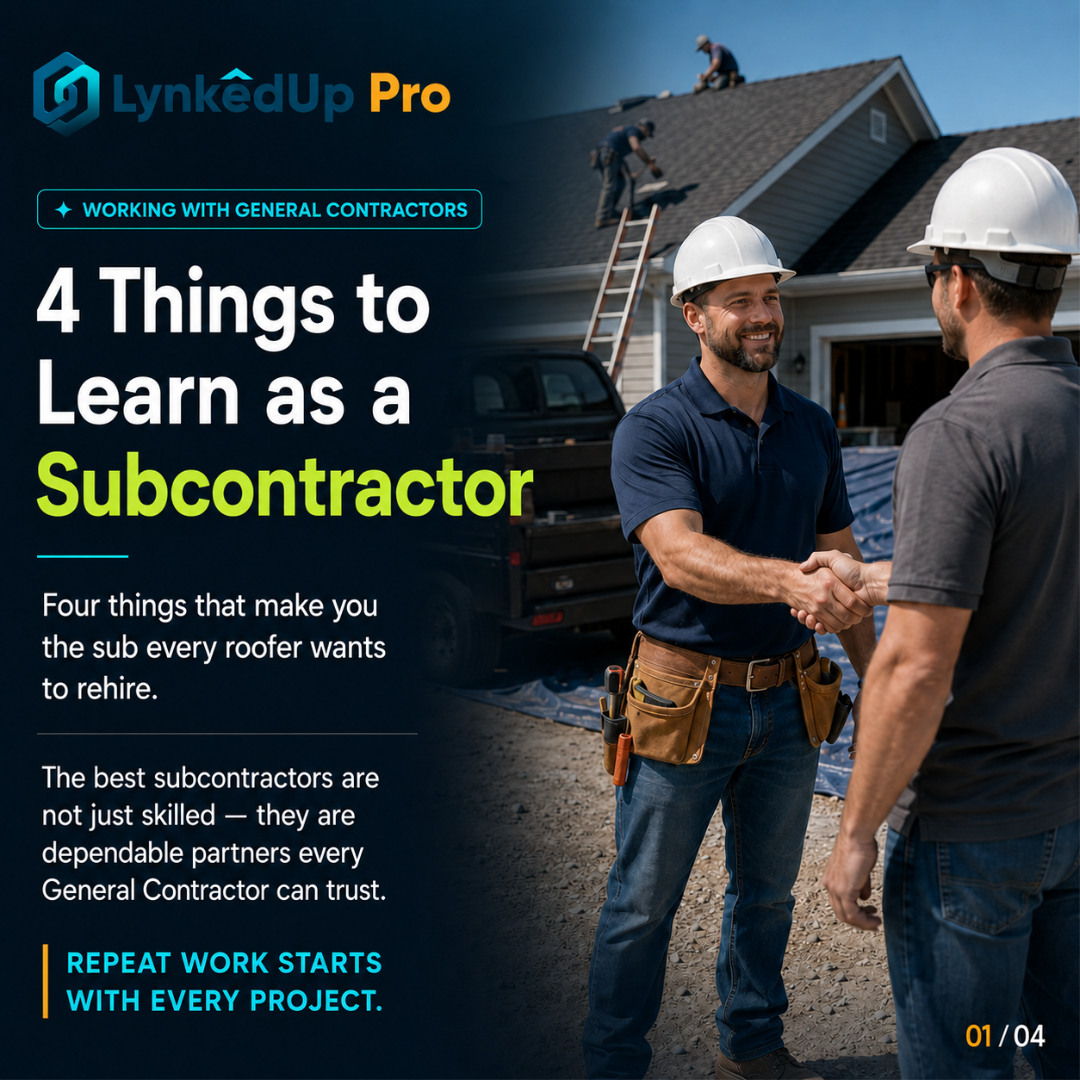 lynkedupSaaS's tweet photo. The sub who gets the first call is the one who never made the GC chase an update. Four habits that turn one job into ten, in the carousel.

Book a live demo: https://t.co/lM7DmUyRki

#LynkedUpPro #Subcontractor https://t.co/gGSWbzomnh
