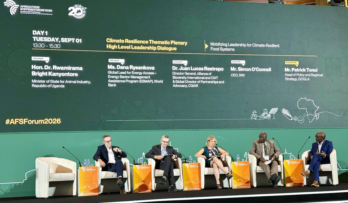 Maaifclf's tweet photo. Africa Must Act Now: Uganda Champions Climate‑Resilient Food Systems at Kigali Forum

This afternoon, Hon. Bright Rwamirama together with Hon. Desire Muhooza joined the Climate Resilience Thematic Plenary at the Africa Food Systems Forum 2026 in Kigali, Rwanda, delivering a strong message: "for Africa, climate change is not just an environmental crisis, it is a direct threat to food security, jobs, and livelihoods".

He emphasized that climate action on the continent must prioritize higher agricultural productivity, stronger agrifood systems, job creation, and improved community livelihoods.

Uganda reaffirmed its commitment to building climate‑resilient food systems through investments in:

-Irrigation expansion.
-Renewable energy adoption.
-Climate‑smart agriculture.
-Digital climate information services.
-Agro‑processing and value addition.

He called for more grant‑based and concessional climate finance, deeper regional cooperation, and community‑driven solutions to ensure climate resilience translates into higher farmer incomes, better nutrition, and sustainable rural development across Africa.