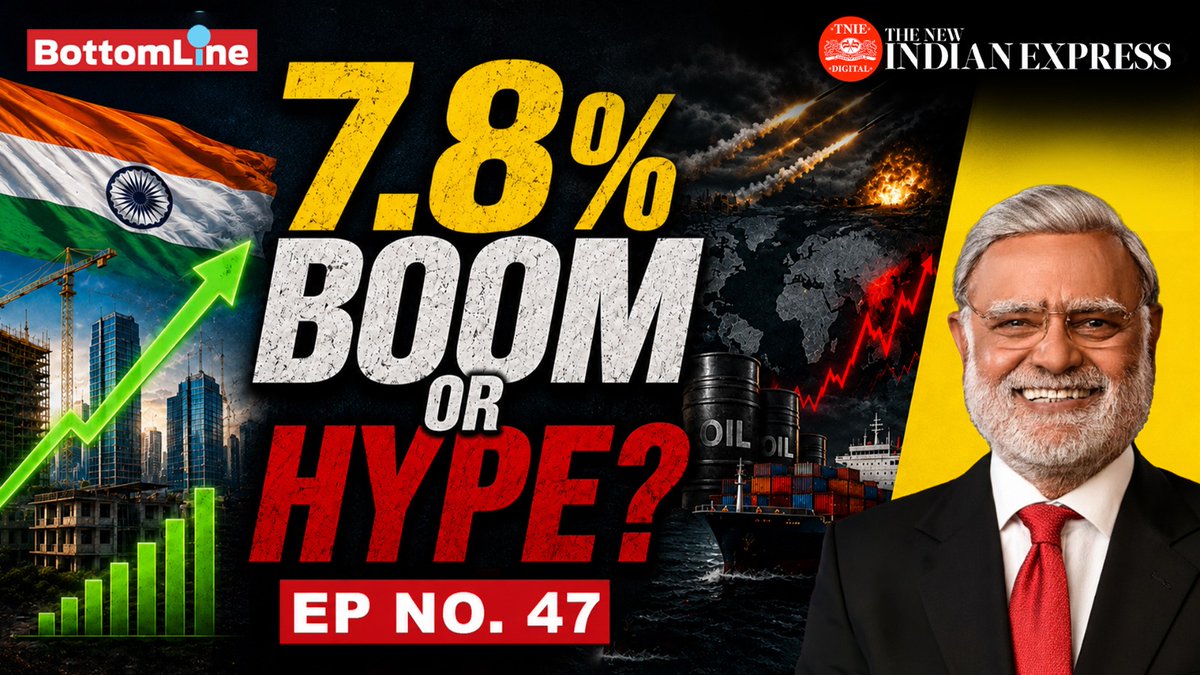 NewIndianXpress's tweet photo. India grew at 7.8% in April–June, beating both the RBI’s 7% forecast and economists’ 7.4% estimate — even as war, oil prices and global trade pressures threatened to slow the economy.  

But what is really driving this growth?  

In this episode of #BottomLine, @PrabhuChawla breaks down the numbers in plain language.

Is the 7.8% headline flattering the real picture because of a very low price adjustment? 

And if the war didn't hurt growth this quarter, could its impact show up in the months ahead through a sharply higher import bill?   

Watch the full episode👇 
🔗https://t.co/RvsxXNjeal

#IndiaEconomy #GDPGrowth @FinMinIndia @GoIStats @PMOIndia