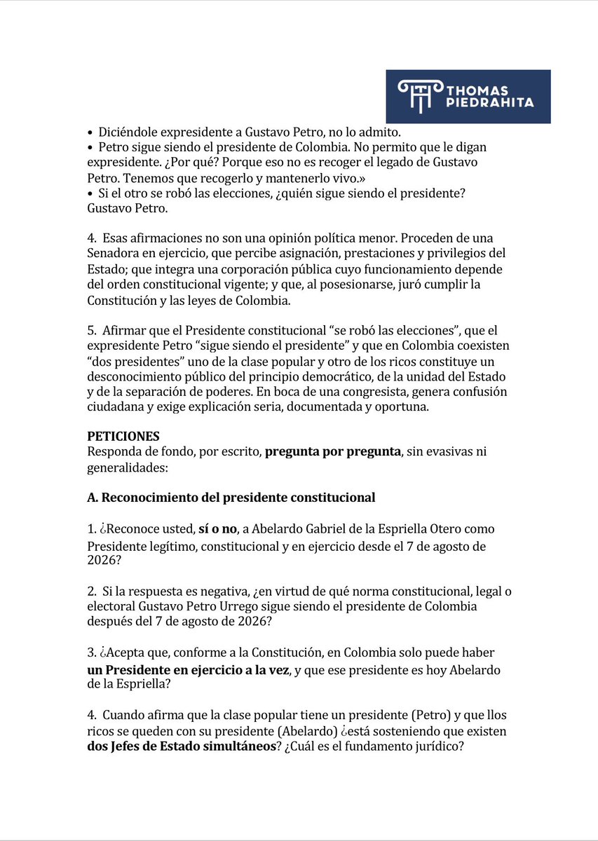 ThomasPiedraita's tweet photo. Derecho de Petición completo dirigido a Isabel Zuleta @ISAZULETA 

Tendrá 15 días hábiles para que informe de manera clara y detallada todo lo relacionado con sus recientes afirmaciones. 

En las cuales desconoce al presidente Abelardo de la Espriella. https://t.co/GdWSj6imj7