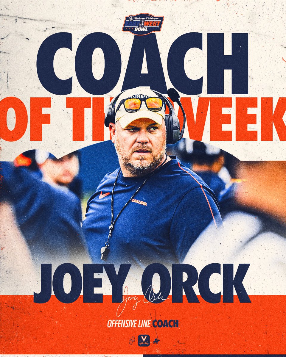 UVAFootball's tweet photo. Coach of the Week @ShrinersBowl 🔥

Commander of the trenches @JoeyOrck 

#GoHoos 🔶⚔️🔷 https://t.co/0WI1UrRsEc