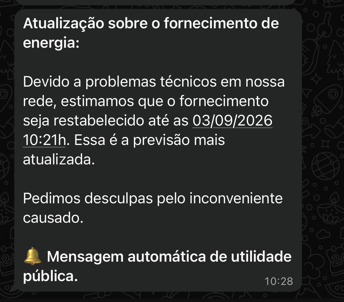 mairalavecchia1's tweet photo. A energia acabou por volta das 2:00 h da madrugada.
A @enel primeiro mandou que voltava as 10:45 agora mudou para dia 03/09 e quando ligamos por telefone a data de retorno é dia 18/12/2025. Sim Ano de 2025.
#enel https://t.co/IUXrv0FpS0