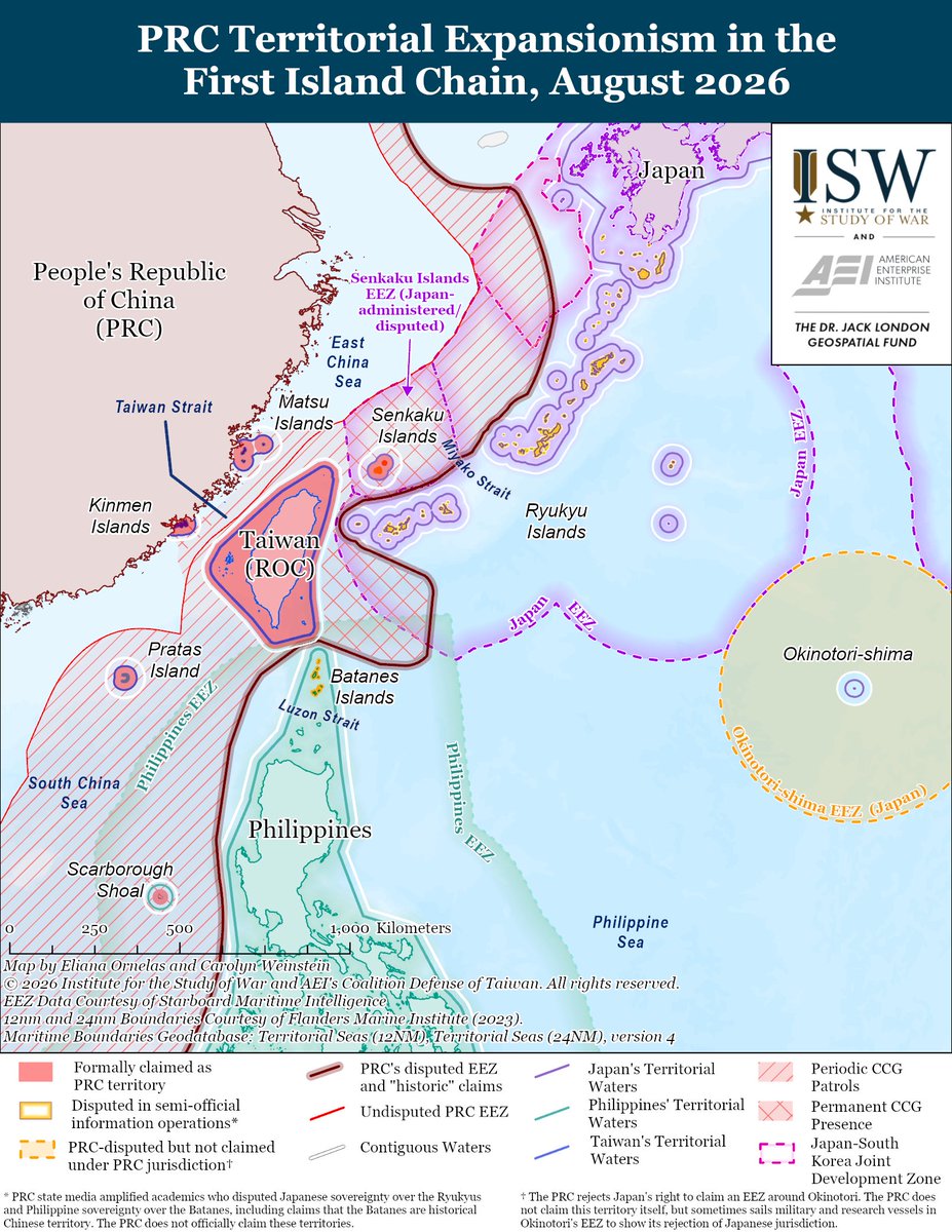 TheStudyofWar's tweet photo. NEW: The People’s Republic of China (PRC) has very likely established a permanent “law enforcement” presence and regularized scientific surveys in the waters east of Taiwan. The PRC deployed two China Coast Guard (CCG) ships to patrol the PRC’s claimed Exclusive Economic Zone (EEZ) east of Taiwan on June 1. The ships patrolled for over a month in a wide area extending approximately 200 nautical miles east of Taiwanese territory before being relieved by a new pair of CCG ships on July 4. This marked the first time the PRC maintained continuous CCG patrols east of Taiwan, as opposed to infrequent short-duration operations. (1/2)