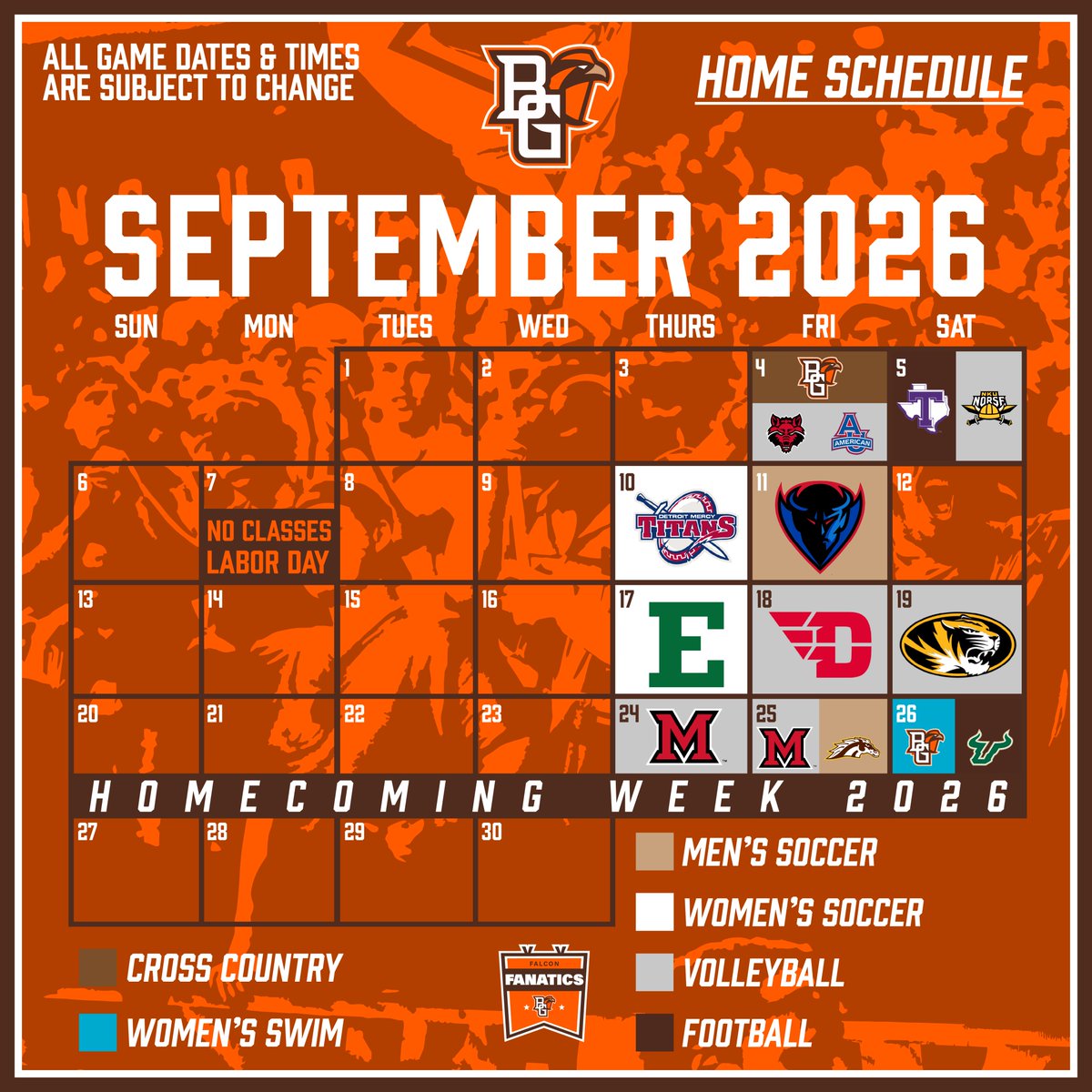 FalconFanatics1's tweet photo. Happy September Falcons! Make sure to mark you calendars because this month is PACKED with BGSU Athletics!
#BGSU #AyZiggy #RollAlong #TalonsUp #MACtion https://t.co/G8pqerfVIS