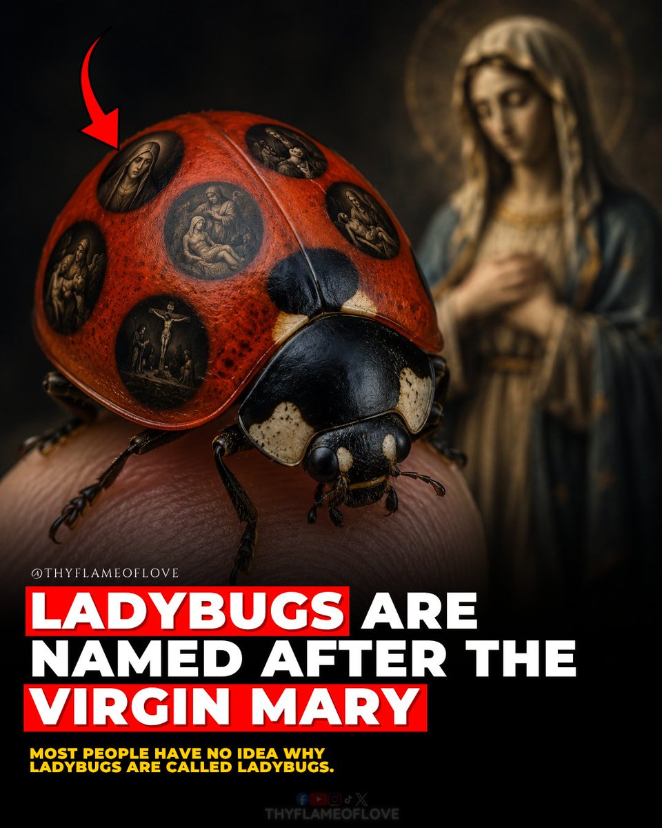 thyflameoflove's tweet photo. You may never look at a ladybug the same way again.

The “lady” in ladybug is not referring to just any lady. It refers to Our Lady, the Virgin Mary.

For centuries, Christians in Europe connected these little red beetles with the Blessed Mother. There is even an old medieval tradition about how that connection began.

The story says farmers were watching harmful insects destroy their crops. With their food at risk, they turned to the Virgin Mary and prayed for her help. Soon, red beetles appeared in the fields and began eating the pests that were destroying the plants. The farmers saw this as an answer to prayer and connected the beetles with Our Lady.

We cannot prove every detail of that old story today. But the connection between the ladybug and Mary is very real and became deeply rooted in European Christian culture. Even the National Park Service notes that the word “lady” came from the Virgin Mary, or Our Lady, and was connected to the beetle because it protected crops by eating harmful pests.

In English, names like “ladybird” and “ladybug” developed from this connection to the Virgin Mary. In German, the insect is still called Marienkäfer, which literally means “Mary’s beetle.” Similar Marian connections appeared in other parts of Europe too.

But there is another part of this history that is especially beautiful as September begins.

September is traditionally dedicated to Our Lady of Sorrows. And the seven-spotted ladybird, one of the best-known ladybugs in Europe, was traditionally connected to the Seven Sorrows of Mary. The Oxford English Dictionary records the tradition that its seven spots were seen as symbols of the seven sorrows she suffered.

Those sorrows remember some of the most painful moments of Mary’s life: Simeon’s prophecy, the flight into Egypt, losing Jesus for three days, meeting Him on the road to Calvary, standing beneath the Cross, receiving His body after His death, and watching Him be laid in the tomb.

This is not a doctrine of the Catholic Church. It is an old Christian tradition. But what it points to is deeply Catholic.

Mary suffered because she loved Jesus. She remained faithful when her heart was pierced with sorrow. And every one of her sorrows points us back to her Son.

That is why the Church celebrates the Memorial of Our Lady of Sorrows on September 15, and Catholics have traditionally dedicated the month of September to remembering her sorrows.

So think about this.

A tiny beetle that you have probably seen your whole life carries a name tied to the Mother of God.

Earlier Christians looked at ordinary things around them and found reminders that brought their hearts back to God. Even something as small as a ladybug could remind them of Mary, her suffering, and the love that kept her beside Jesus all the way to the Cross.

The next time you see one, you may never see it quite the same way again.

💬 Before today, did you know the “lady” in ladybug referred to the Virgin Mary?