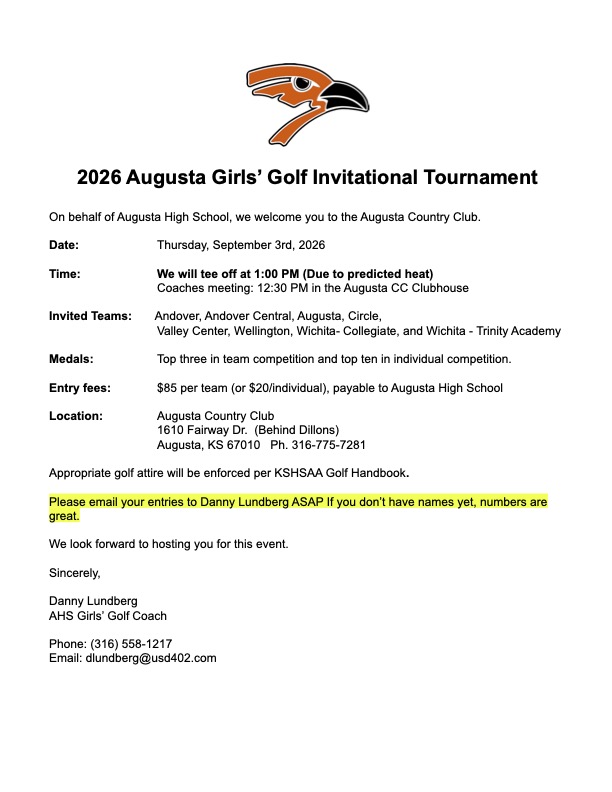 WCSKS's tweet photo. Due to the HOT temperatures this week, Augusta will be moving the US girls golf tournament start time from 1:00 pm to 10:00 am to avoid the HEAT. The coaches meeting will start at 9:30 am. https://t.co/CKstDIFkCp