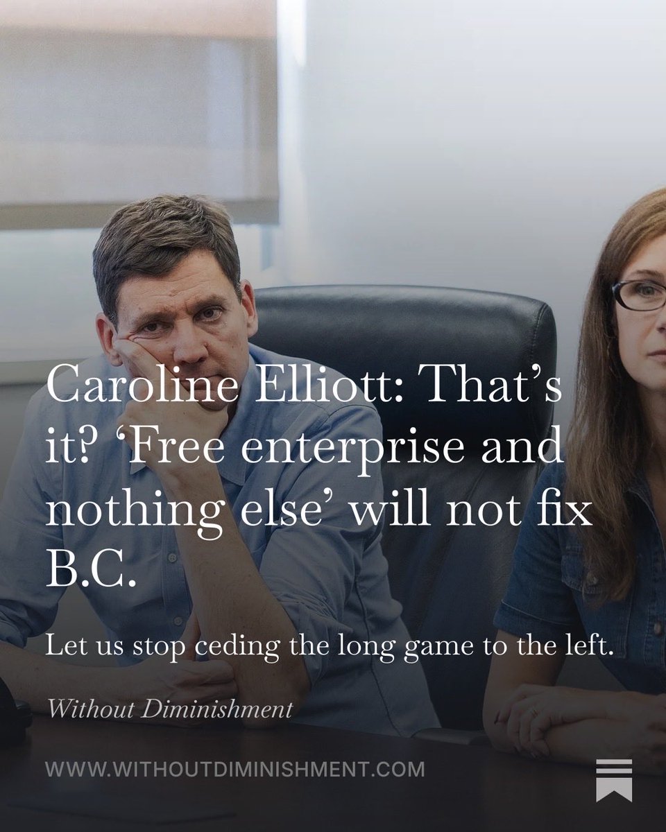 NVanCaroline's tweet photo. Thrilled to be back in the pages of @WDiminishment on why “Free Enterprise & Nothing Else” won’t fix BC.

I’ve stayed out of political discourse lately, but the idea of a new BC “free enterprise” party focused exclusively on economic/fiscal/pocketbook issues compelled me to weigh in. 
 
We can’t keep pretending that BC’s problems can be entirely defined in dollars & cents and entirely solved with tax cuts, deregulation & balanced budgets (as important as these are). 
 
We can’t keep ignoring the left’s steady, patient work to fundamentally re-shape our schools, our public service, our courts and our society. 

What many don’t realize is that every economic/fiscal/pocketbook issue is underpinned & legitimized by a cultural mindset being unapologetically pushed into every aspect of governance, every single day that the NDP are in office.

They’re playing the long game. It’s time for us to get on the field.

https://t.co/E4i4iE35BP
