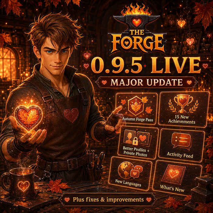 TheForgeGameApp's tweet photo. 🔥 The Forge 0.9.5 is live!

A major update has arrived — with a new season, more ways to connect, and a much smoother experience.

The Autumn Forge Pass is now open: 60 days of rewards, progress, and fresh reasons to keep playing 🔥

Also included:
— 15 new achievements — 66 total
— Refreshed Players profiles, new interactions, and private photos
— Activity for friend requests, gifts, and reactions
— Improved bot navigation with quick access to the game, Players, The Anvil, Shop, and Leaderboard
— Russian, Polish, Turkish, and Italian language support
— Your language now syncs between the bot and the game
— A new in-app What’s New screen
— Lots of fixes and quality-of-life improvements

Open The Forge and discover what’s new:
https://t.co/p1WT30bvfs