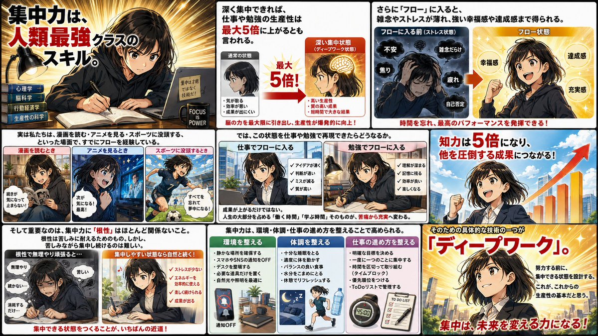yZDSXgIB7vO2cLV's tweet photo. 集中力は、人類最強クラスのスキルだと思う。

深く集中できれば、仕事や勉強の生産性は最大5倍に上がるとも言われる。

さらに「フロー」に入ると、雑念やストレスが薄れ、強い幸福感や達成感まで得られる。

実は私たちは、
・漫画を読む
・アニメを見る
・スポーツに没頭する
といった場面で、すでにフローを経験している。

では、この状態を仕事や勉強で再現できたらどうなるか。
成果が上がるだけではない。

人生の大部分を占める「働く時間」「学ぶ時間」そのものが、苦痛から充実へ変わる。

そして重要なのは、集中力に「根性」はほとんど関係ないこと。
根性は苦しみに耐えるためのもの。
しかし、苦しみながら集中し続けるのは難しい。

集中力は、
環境
体調
仕事の進め方

を整えることで高められる。

そのための具体的な技術の一つが「ディープワーク」。
努力する前に、集中できる状態を設計する。
これが、これからの生産性の基本だと思う。
#集中力 #ディープワーク #フロー #生産性向上 #仕事術 #勉強法 #タイムマネジメント #自己成長 #働き方 #集中力ファースト