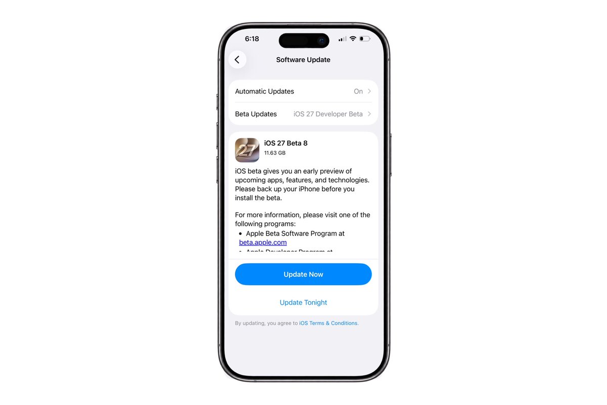 TechGeek_1's tweet photo. iOS 27 Beta 8 Released (31 Aug, 2026)

Update size: 1.51 GB

This update is primarily a maintenance and polish update focusing heavily on bug fixes, performance optimisation and backend stability.

#iOS27 https://t.co/FYZ1J4RC2K