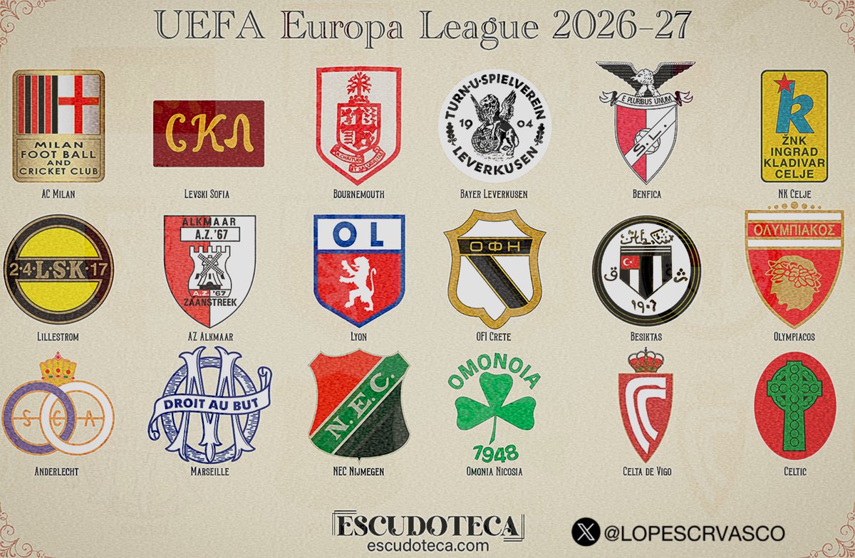 lopescrvasco's tweet photo. Primeiro escudo dos clubes que disputarão a UEFA Europa League 2026/27 e a UEFA Conference League 2026/27! https://t.co/oS6C3H1KQQ