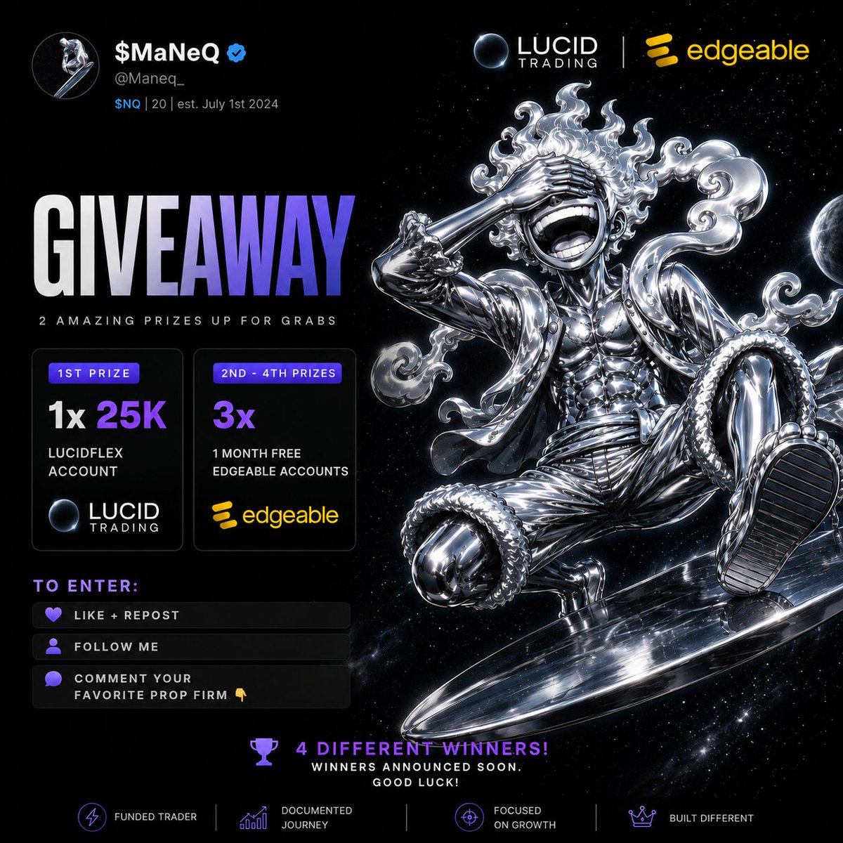 Maneq_'s tweet photo. $NQ cash today💰

but I’ve got something for you guys👀

🎁1ST GIVEAWAY OF SEPTEMBER‼️

🏆 1x 25K LucidFlex account
🏆 3x 1 month free Edgeable accounts

To enter:
• Like + repost
• Follow me
• Comment your favorite prop firm 👇

Winners announced soon. Good luck 🤝 https://t.co/LkYZ22Ls2O