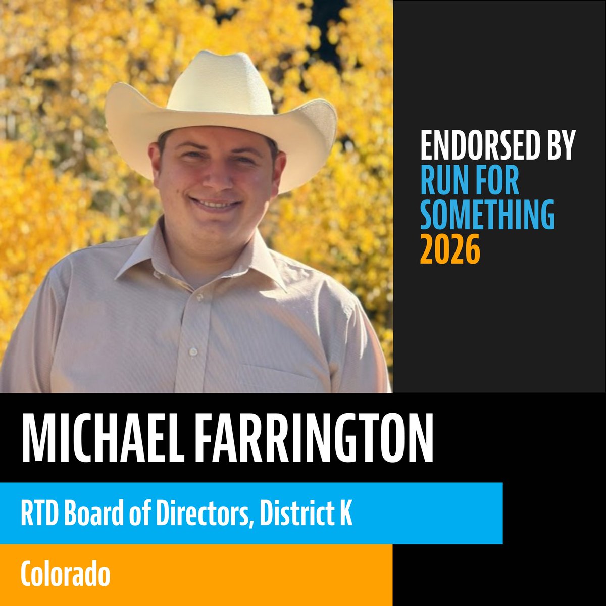 runforsomething's tweet photo. @charlenewang @stephenjpost We’re proud to endorse @MAFarrington for RTD Board, District K! Michael is running to make transit safer, more reliable, and more useful for working families. https://t.co/QXurCpU36R