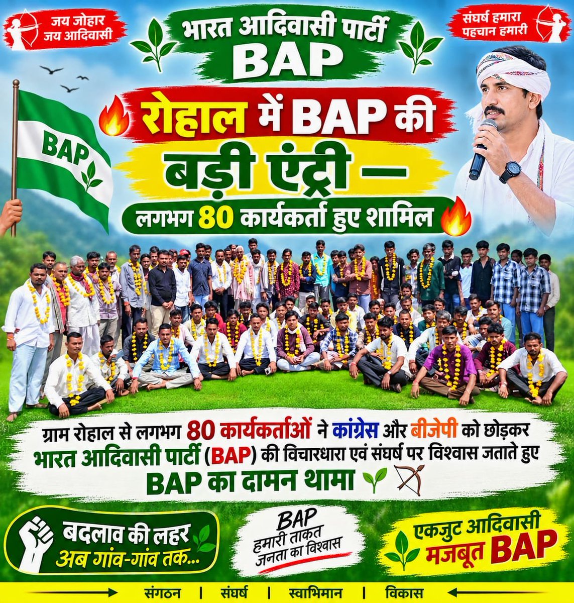 ganeshsinghada6's tweet photo. ग्राम पंचायत #रोहाल में लगभग 80 कार्यकर्ता ने कोंग्रेस और भाजपा छोड़कर #भारत_आदिवासी_पार्टी (BAP) की विचारधारा एवं संघर्ष, विकास पर विश्वास जताते हुए @BAP12INDIA दामन थामा! सभी को हार्दिक शुभकामनाए एवं जोहार 🌱
#BAP_jion @zeerajasthan_ https://t.co/uoZJma97xZ
