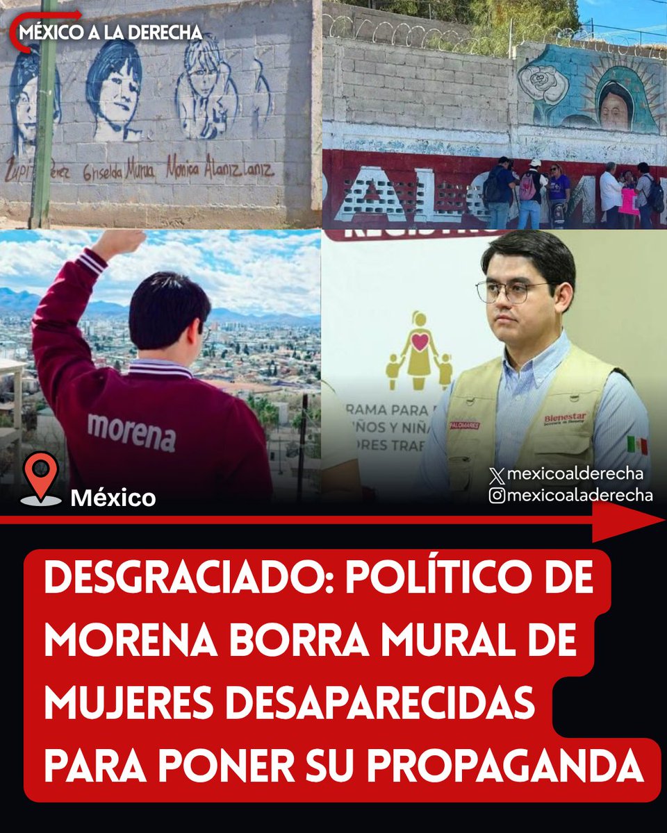 MexicoalDerecha's tweet photo. 🚨🇲🇽/ DESPRECIABLE

¿Cómo ven a este hijo de la chingada?

El morenista Omar Palomares quitó un mural con los rostros de mujeres jóvenes desaparecidas para poner propaganda política de Morena y promocionar su imagen personal. Afortunadamente, colectivos de búsqueda borraron su mugrero y pusieron otro mural.
