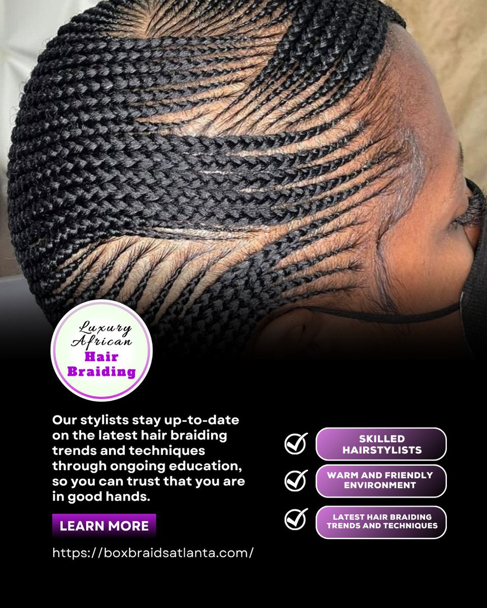 LuxuryAfricanGA's tweet photo. Beautiful styles begin with skilled hands and care. Our hair braiding creates neat, stylish looks for every occasion. Call us today at (917) 553-0420 to discuss your ideal style. #HairBraiding #StyleGoals
https://t.co/HsvpoBVCiw https://t.co/qkyKx7LZn6