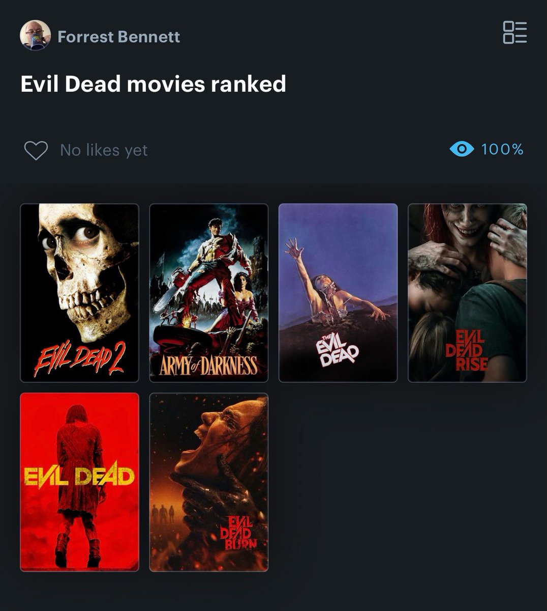 johnpopcornsmit's tweet photo. My updated ranking of the Evil Dead films after watching Evil Dead Burn. https://t.co/4Jy5mr65HO
