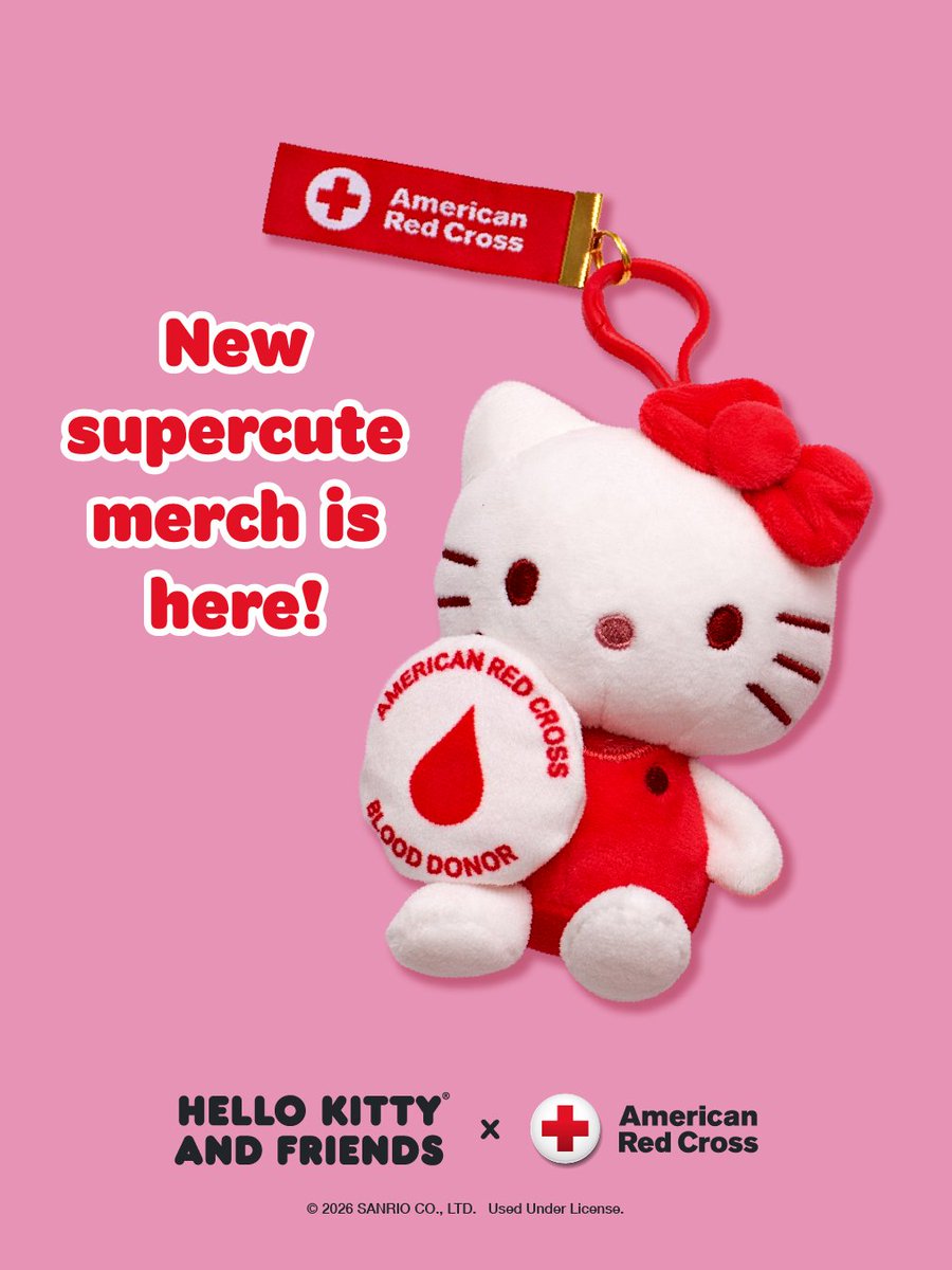 RedCross's tweet photo. Say hello to a supercute, exclusive Red Cross x Hello Kitty® collectible plush mascot clip and surprise sticker pack, created just for Red Cross blood donors! Get yours when you come to give blood through Sept. 20, while they last.

Make an appointment to give: https://t.co/sEiyum4R0h
