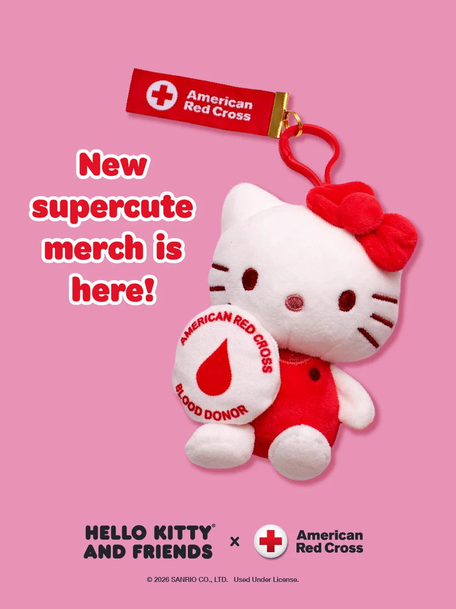 A collectible Hello Kitty plush mascot clip featured holding an American Red Cross blood donor badge. The text on the image reads, "New supercute merch is here!" The Hello Kitty and Friends logo and the American Red Cross logo are also displayed.