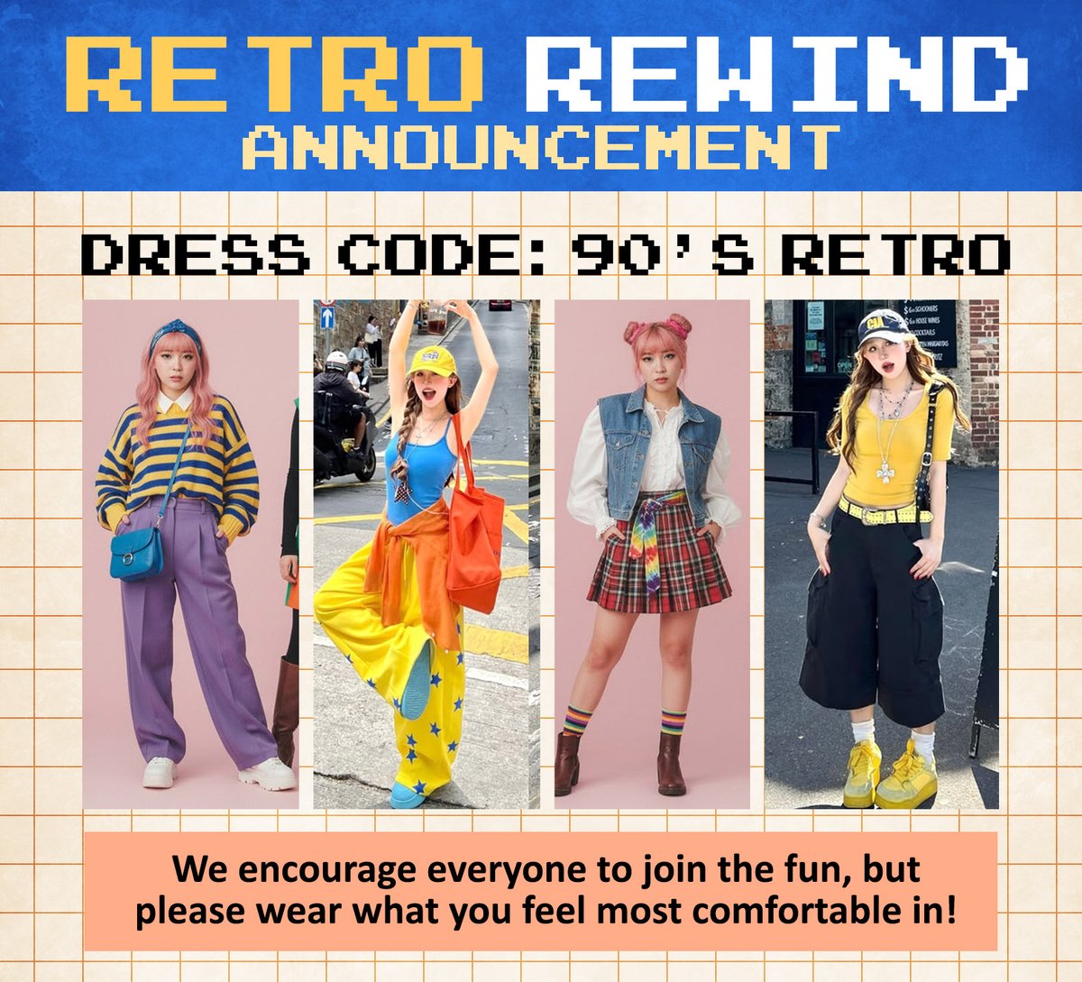 drawsandthings's tweet photo. 💚Hello, Ahgases!! I hope you're all as excited as we are for our #RETROREWINDCSE!! :D 

Following our retro theme, our dress code for the event is 90's Fashion! Please see the outfits below for inspiration, and come in your best 90's-inspired outfit. See you soon, Ahgases~ 💚 https://t.co/i5REwTX0io