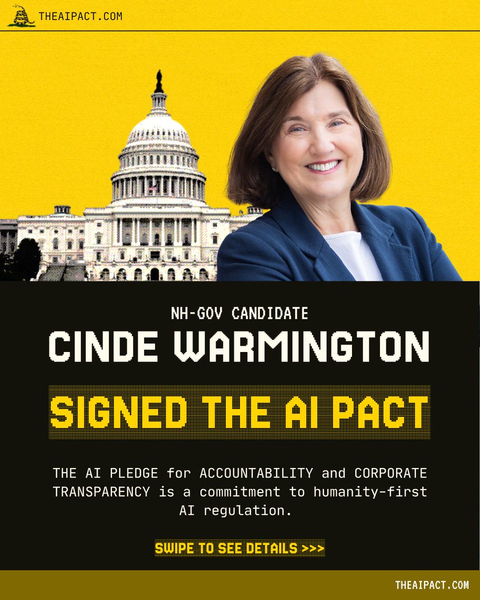 TheAIPACT's tweet photo. New Hampshire gubernatorial candidate Cinde Warmington signed the AI PACT!

She is running against Gov. Kelly Ayotte who has signaled support for a temporary data center moratorium but has not yet signed anything into law related to AI safety. https://t.co/kgMv3UQJ6B